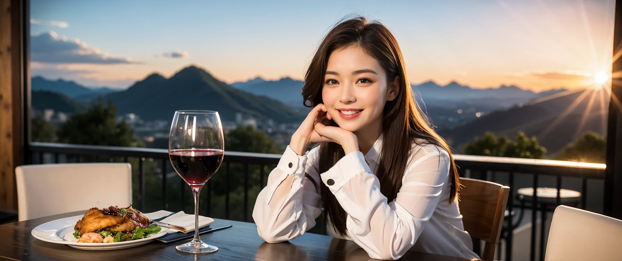 ((highest quality、8K、masterpiece:1.3))、Beautiful woman perfect body:1.4、slimなボディ、((Bob Hale、straight hair:1.2))、 ultra high resolution, bright image、2. The beauty of wine, beautiful face, blue eyes, fine eyes, light shines on your face, blush your nose, short hair,Spectacular view of the sunset sky and clouds、Amazing mountain views、ニコニコ明るいsmile、smileの素敵な女性、bright face、Fox face、lady、Champagne、Wine bottle、wine glass、red wine 、Appetizer、Italian food、Two beauties、brown hair、shortcut、long sleeve shirt、Winter Fashion、dress、Wine bottle、sparkling wine、Pretty Woman 1, (slimな顔), (brown hair), (shortcut), cheeks turn a little red, (36 years old), 39 years old, charming beauty、restaurant, nova frog style, actress, model, Upper body, White wine, slim, wine glass, 真ん中に置かれたwine glass, smile, (smile: 1.15), 綺麗なfine eyes, Strong light and shadow,moist body:1.5、delicate eyes、brown hair、The hair is very shiny、