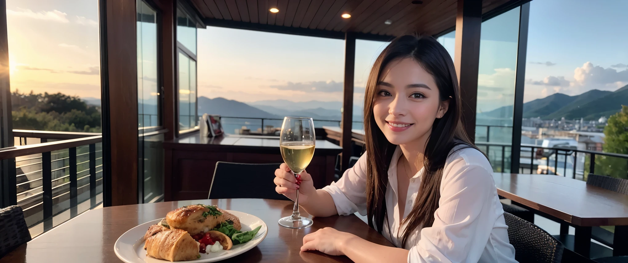 ((highest quality、8K、masterpiece:1.3))、Beautiful woman perfect body:1.4、slimなボディ、((Bob Hale、straight hair:1.2))、 ultra high resolution, bright image、2. The beauty of wine, beautiful face, blue eyes, fine eyes, light shines on your face, blush your nose, short hair,Spectacular view of the sunset sky and clouds、Amazing mountain views、ニコニコ明るいsmile、smileの素敵な女性、bright face、Fox face、lady、Champagne、Wine bottle、wine glass、red wine 、Appetizer、Italian food、Two beauties、brown hair、shortcut、long sleeve shirt、Winter Fashion、dress、Wine bottle、sparkling wine、Pretty Woman 1, (slimな顔), (brown hair), (shortcut), cheeks turn a little red, (36 years old), 39 years old, charming beauty、restaurant, nova frog style, actress, model, Upper body, White wine, slim, wine glass, 真ん中に置かれたwine glass, smile, (smile: 1.15), 綺麗なfine eyes, Strong light and shadow,moist body:1.5、delicate eyes、brown hair、The hair is very shiny、
