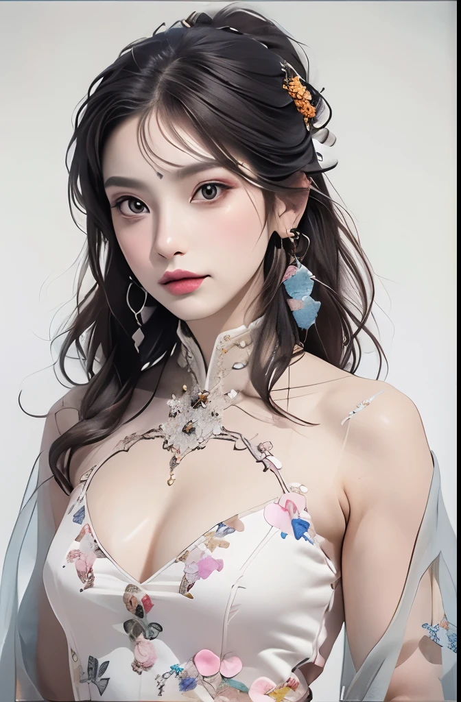 (masterpiece, quality, best quality, official art, Beautiful and beautiful:1.2), (1 girl:1.3), Very detailed,(fractal art:1.1),(colorful:1.1)(flowers:1.3),most detailed,(Tangled:1.2), whole body, (abstract background:1.3), (shiny skin), (Many colors:1.4), ,(Feather earrings:1.5),
