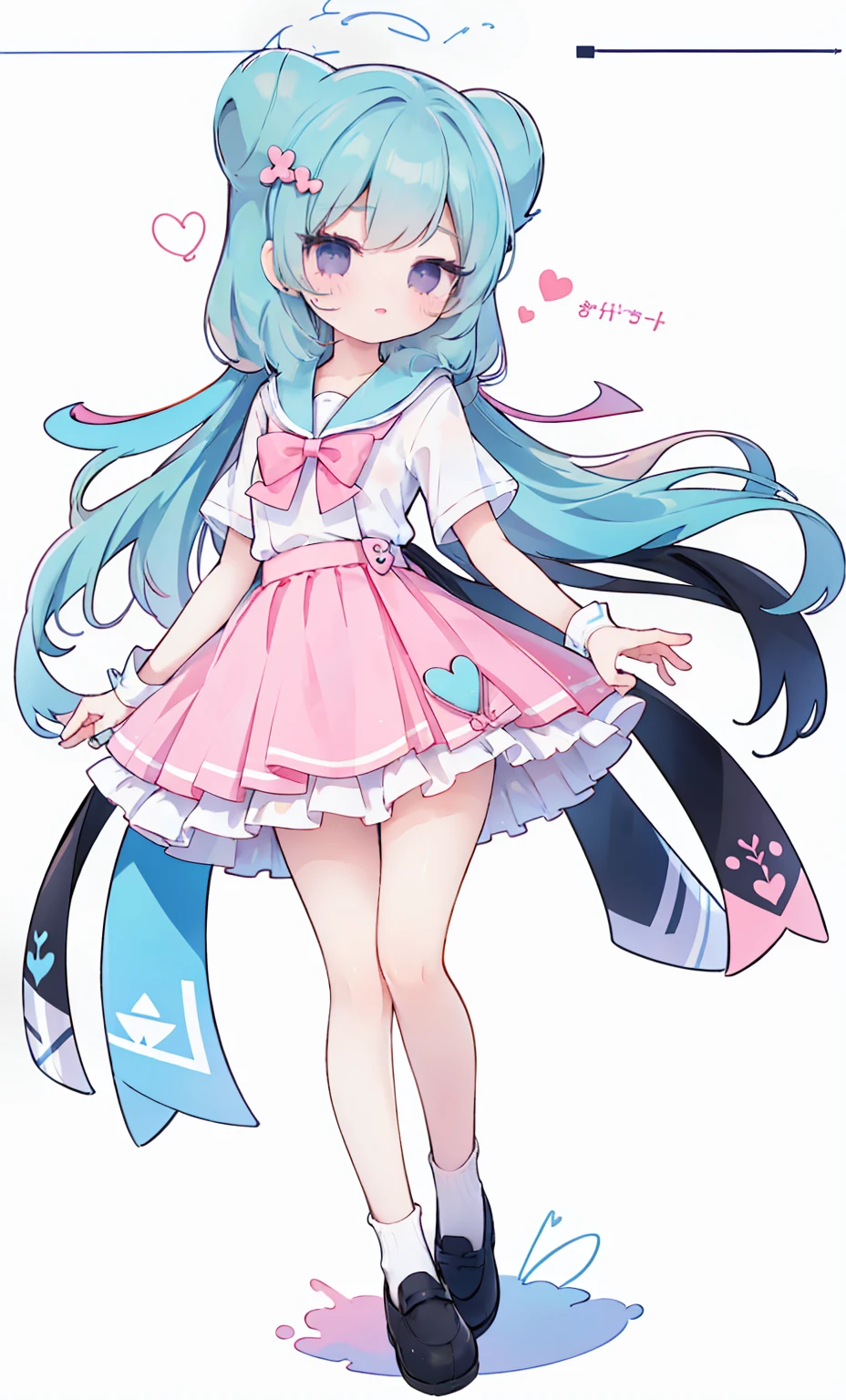 masterpiece, best quality, high resolution, aabeta, double, white simple background, standing, slim waist, cute, sailor uniform, pink bow tie, blue skirt, (PastelColors: 1.3), full body