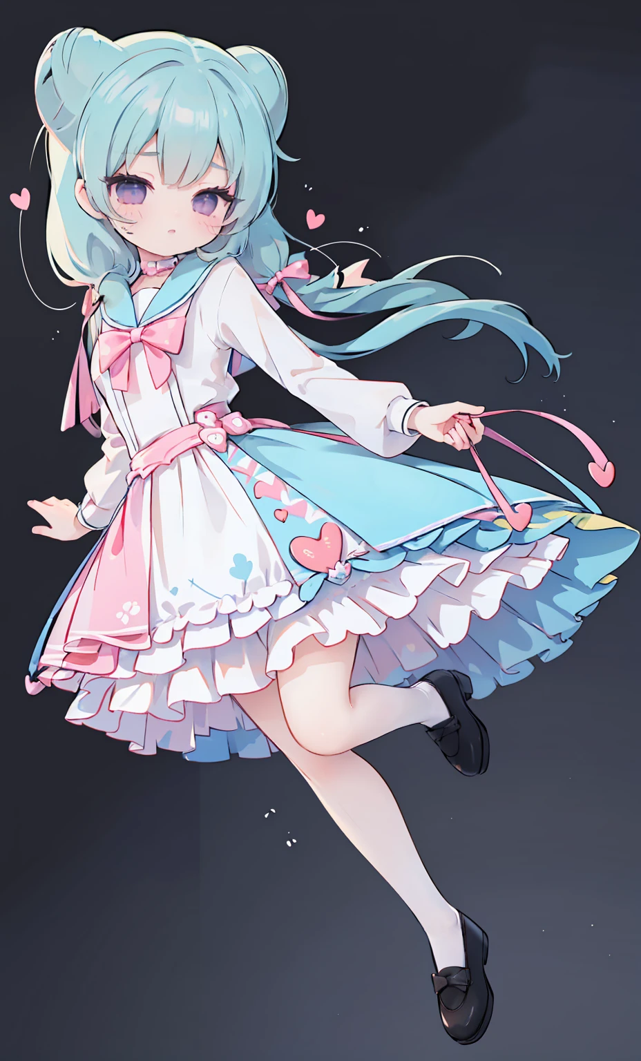 masterpiece, best quality, high resolution, aabeta, double, white simple background, standing, slim waist, cute, sailor uniform, pink bow tie, blue skirt, (PastelColors: 1.3), full body