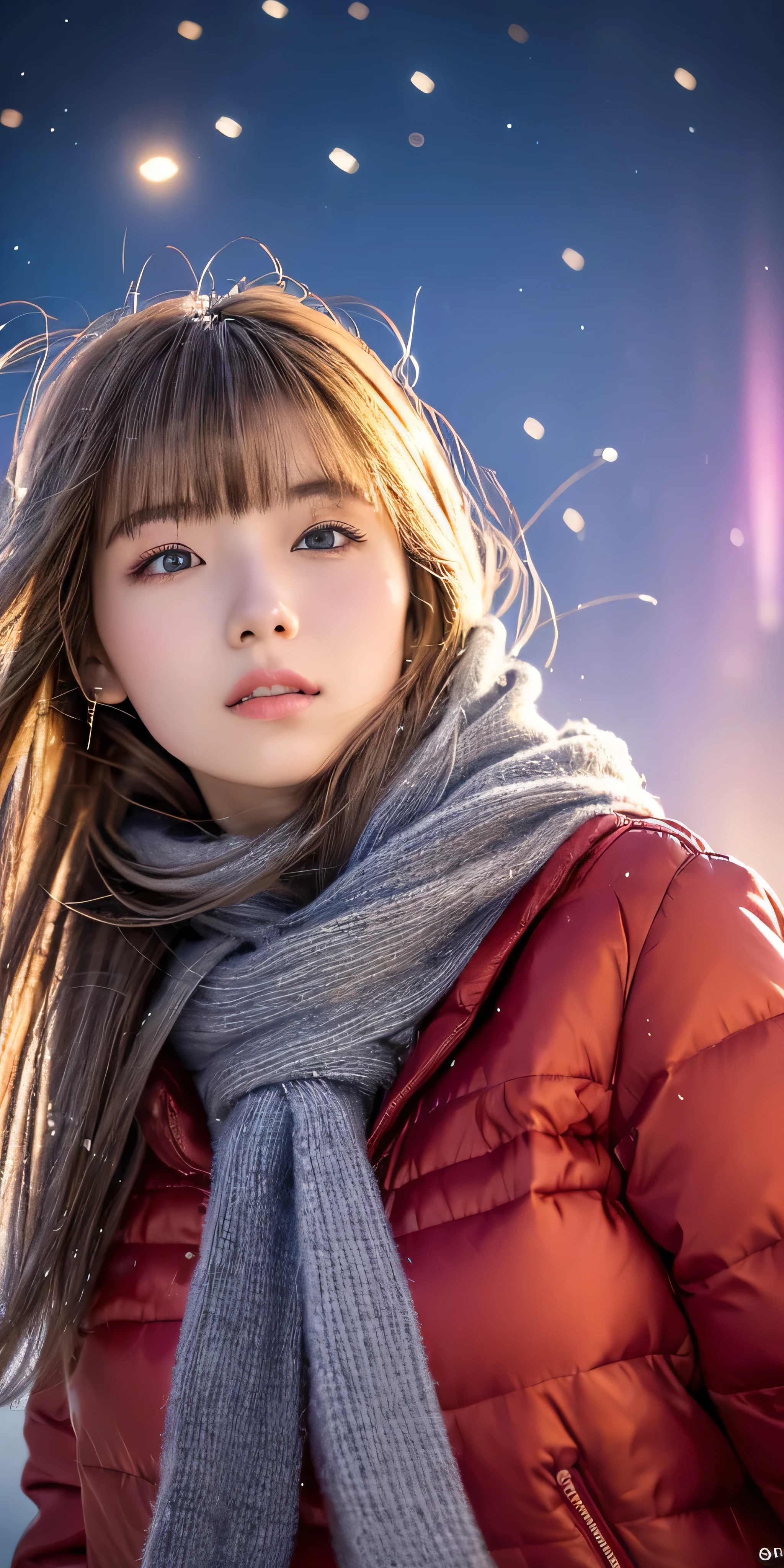 ((hair blowing in the wind、no makeup:1.2))、(realistic、Photoreal、Super detailed、best detailed skins、highest quality、masterpiece、超A high resolution)、cute russian woman、14 years、high school girl、young girl、1 girl、have bangs、ash blonde:1.7、double eyelid、drooling eyes、Japanese style face、purity、realistic skin type、thick muffler、Gray muffler、fluffy hair、((There'hair in scarf:1.3))、red cheeks、The wind is blowing、that'It's snowing、night、illumination、Lighting from behind、hair blowing in the wind、((Antarctica、A meteor shower、A world view of the aurora))