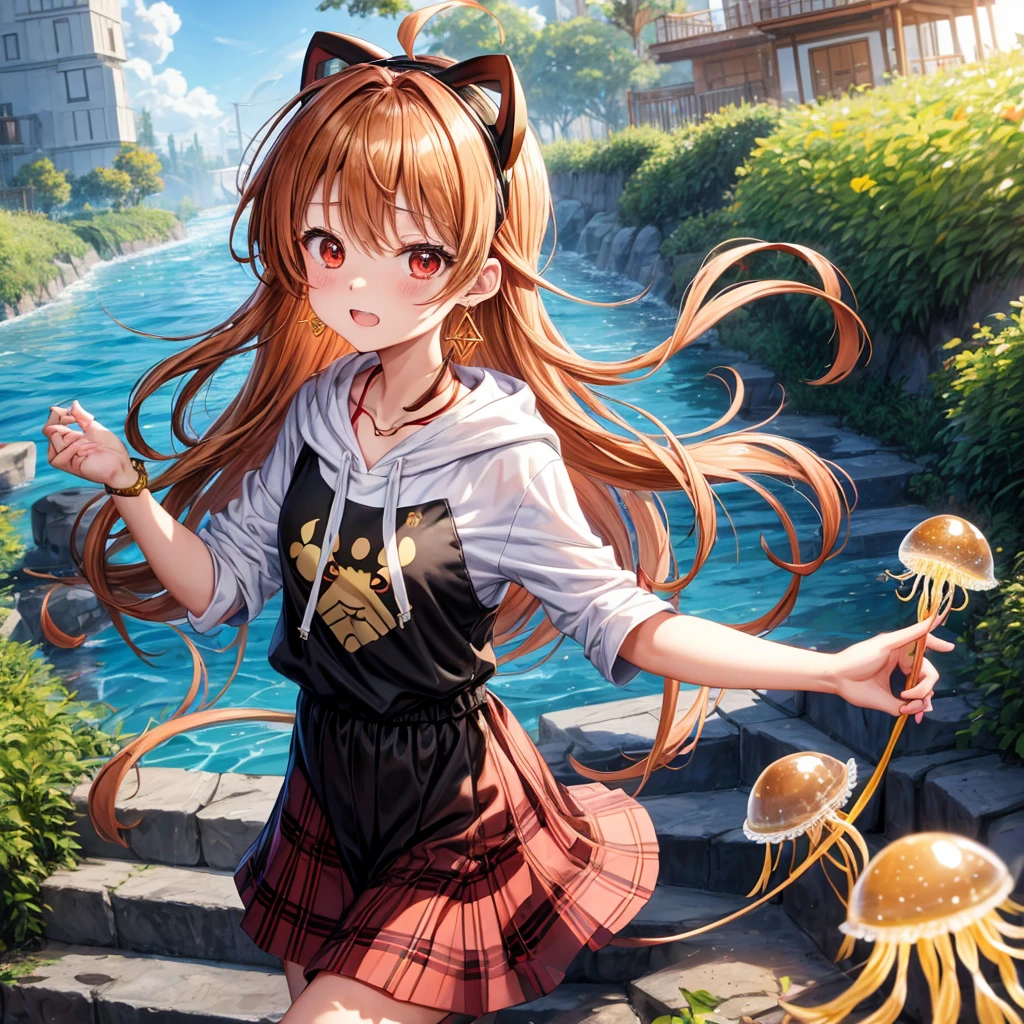 Brown, red, gold, golden hair、red eyes、one good looking girl、solo、anime、plaid mini skirt、black camisole、black t-shirt、hoodie、wearing a ribbon、ribbon at waist、Crystal Earrings、treasure石のネックレス、Light and shadow、Tilting face、teeth are visible、pillar、kind face、Kuroko、Diamond dust、grassland、Water running down the stairs、overflowing、Ants are walking、sulking、is increasing、treasure、Hope、wearing goggles on head、wearing headphones、jellyfish
