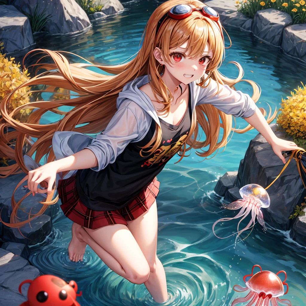 Brown, red, gold, golden hair、red eyes、one good looking girl、solo、anime、plaid mini skirt、black camisole、black t-shirt、hoodie、wearing a ribbon、ribbon at waist、Crystal Earrings、treasure石のネックレス、Light and shadow、Tilting face、teeth are visible、pillar、kind face、Kuroko、Diamond dust、grassland、Water running down the stairs、overflowing、Ants are walking、sulking、is increasing、treasure、Hope、wearing goggles on head、wearing headphones、jellyfish