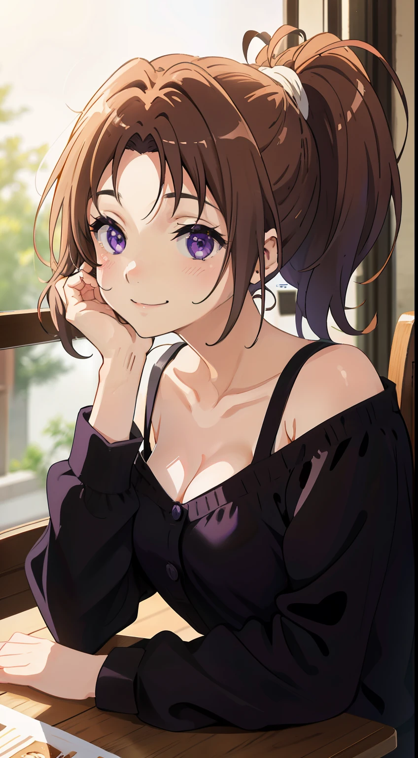 1 girl、brown hair ponytail、purple eyes、off shoulder,cleavage、 (perfect face)、slight smile、smile、cute、sitting、comfortable、 Calm、 (table top)、(highest quality)、nice、smile, wood, table, nature, coffee shop, traced light,modern, Backlight, bright, Colorful