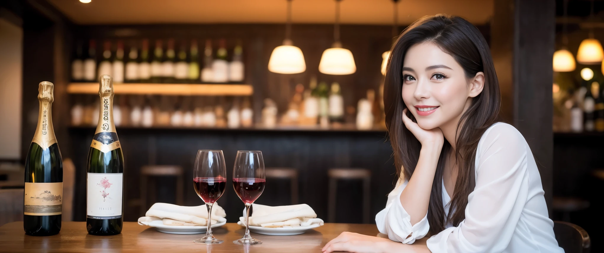 ((highest quality、8K、masterpiece:1.3))、Beautiful woman perfect body:1.4、slimなボディ、((Bob Hale、straight hair:1.2))、 ultra high resolution, bright image、2. The beauty of wine, beautiful face, blue eyes, fine eyes, light shines on your face, blush your nose, short hair,Spectacular view of the sunset sky and clouds、Amazing mountain views、ニコニコ明るいsmile、smileの素敵な女性、bright face、Fox face、lady、Champagne、Wine bottle、wine glass、red wine 、Appetizer、Italian food、Two beauties、brown hair、shortcut、long sleeve shirt、Winter Fashion、dress、Wine bottle、sparkling wine、Pretty Woman 1, (slimな顔), (brown hair), (shortcut), cheeks turn a little red, (42 years old), 39 years old, charming beauty、restaurant, nova frog style, actress, model, Upper body, White wine, slim, wine glass, 真ん中に置かれたwine glass, smile, (smile: 1.15), 綺麗なfine eyes, Strong light and shadow,moist body:1.5、delicate eyes、brown hair、The hair is very shiny、