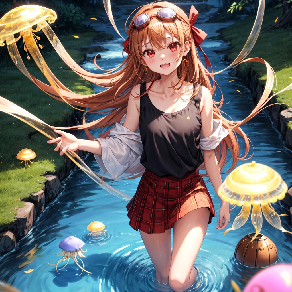 Brown, red, gold, golden hair、red eyes、one good looking girl、solo、anime、plaid mini skirt、black camisole、black t-shirt、hoodie、wearing a ribbon、ribbon at waist、Crystal Earrings、treasure石のネックレス、Light and shadow、Tilting face、teeth are visible、pillar、kind face、Kuroko、Diamond dust、grassland、Water running down the stairs、overflowing、Ants are walking、sulking、is increasing、treasure、Hope、wearing goggles on head、wearing headphones、jellyfish