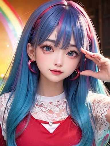small face、 )Super detailed,bright colors, very beautiful detailed anime face and eyes, look straight, shiny_skin,girl, (((rainbow colored hair, colorful hair, Half blue、half red hair: 1.2))), 、shiny hair, delicate beautiful face, blush、Glasses、(turquoise eyes), , Valletta, earrings,、(flower garden、sunset)、((Light red、translucent、short sleeve、Lace blouse))、(twin tails)、(smile、happy face、face dyed red)、cheerful pose、dynamic、Upper body