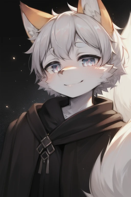 (Best image quality),(masterpiece),(((the only person))),(super detailed),(Male fox:1.5), (White skin:1.3), hairy,(white fur:1.3),((silver pupils)) ,(White ears),(hairy 动物 耳朵s),((wearing black robe),natural lighting,complex background,Detailed face,details on face,Character focus,Detailed clothes,whole body,depth of field,lighting perfect,sharp focus,light particles,Smile,alone,short hair,,hand flush,