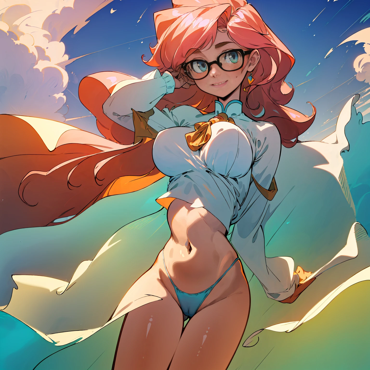 (masterpiece, best quality:1.2), cowboy shot, (solo), (1girl):1.5, glasses, long fluffy pink hair, hair blowing, gorgeous, slight smile, (elegant swimswit), navel exposed, large breasts, breasts niples, cameltoe, on a ship at windy sea.