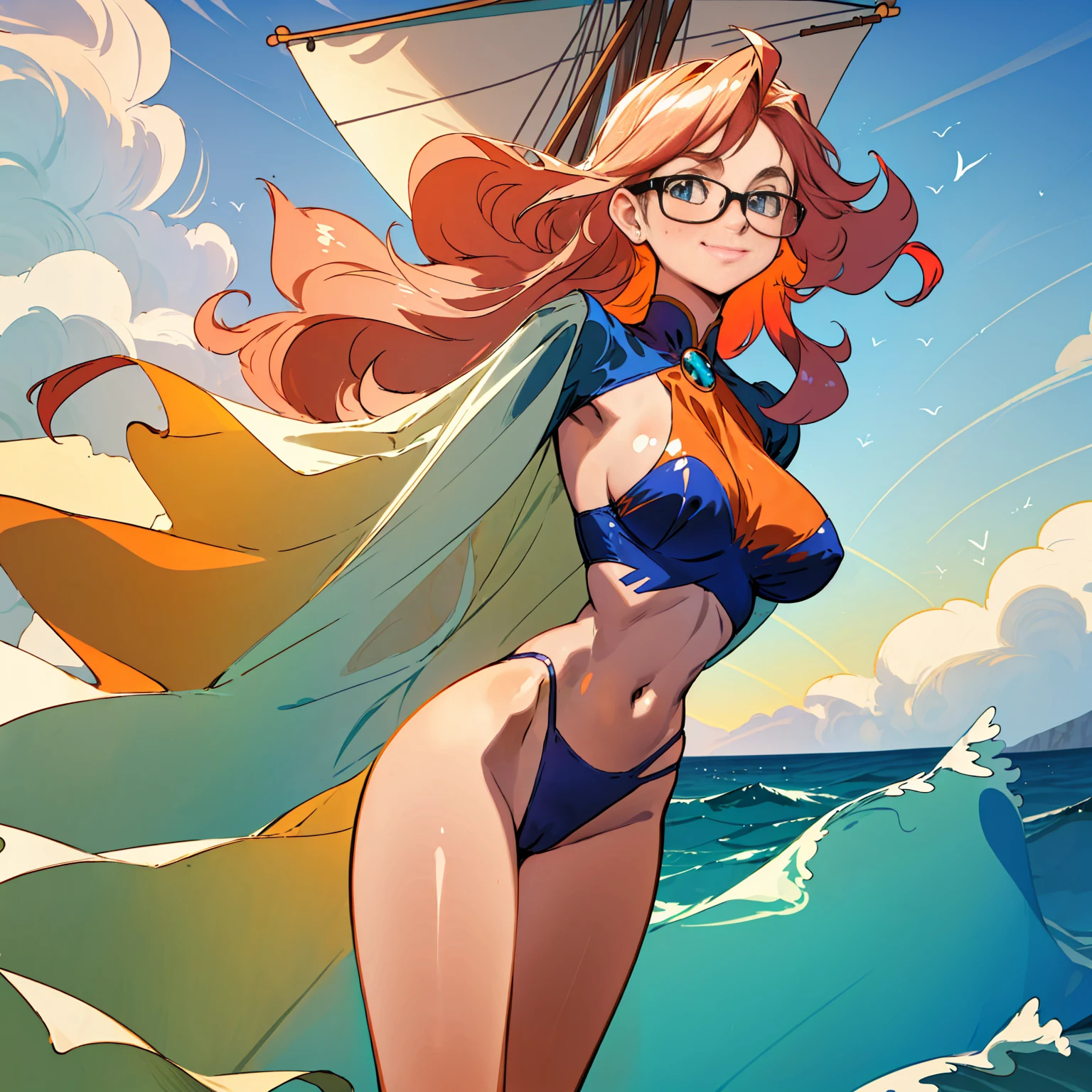 (masterpiece, best quality:1.2), cowboy shot, (solo), (1girl):1.5, glasses, long fluffy pink hair, hair blowing, gorgeous, slight smile, (elegant swimswit), navel exposed, large breasts, breasts niples, cameltoe, on a ship at windy sea.