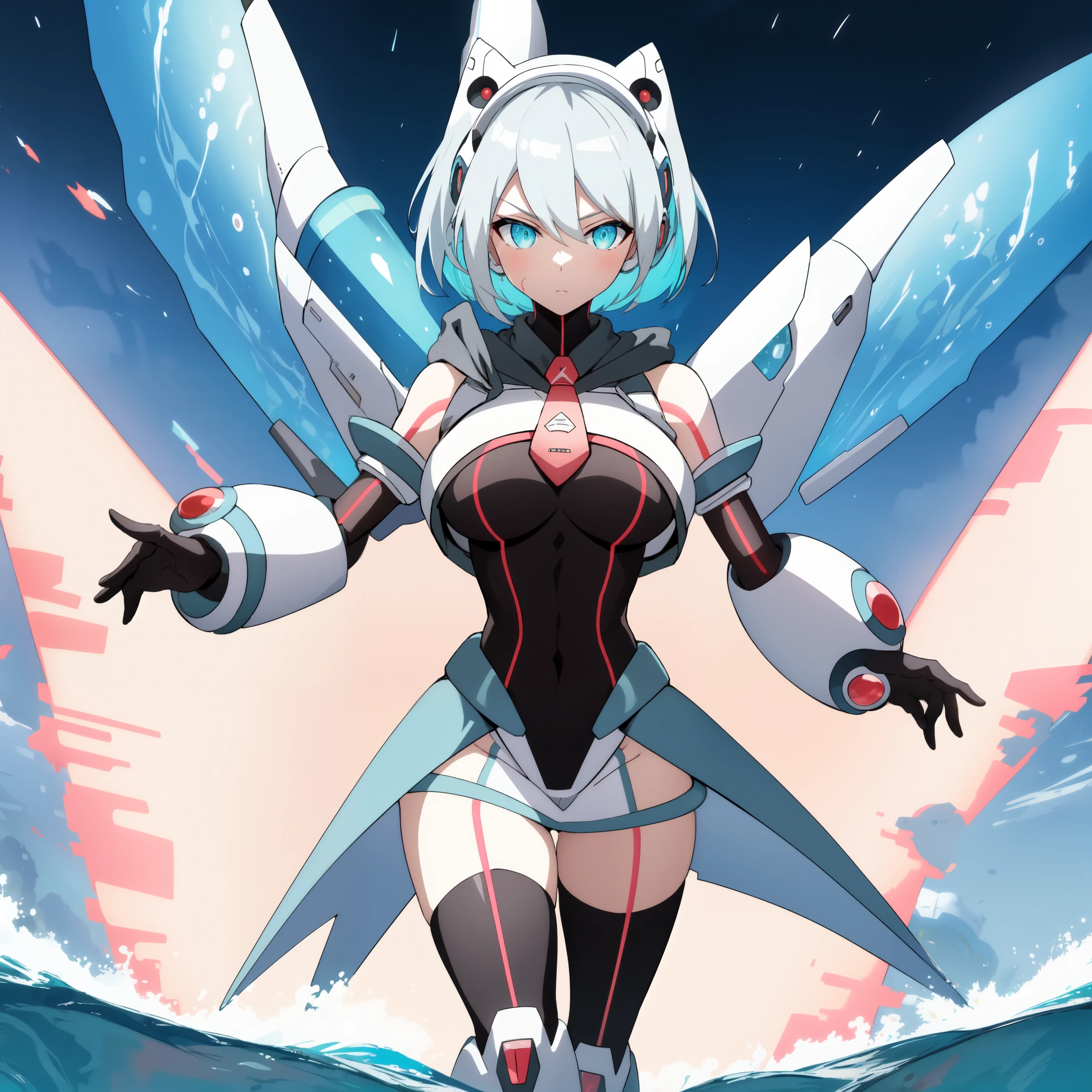 ico_megamanxdive, 1girl, blue eyes, solo, white hair, android, large breasts, black gloves, short hair, thighhighs, necktie, high quality, masterpiece, surrounded by water and a small moon, in the style of vivid energy explosions, anime art, dark palette, sharp and angular, dragon art, 8k, whirring contrivances