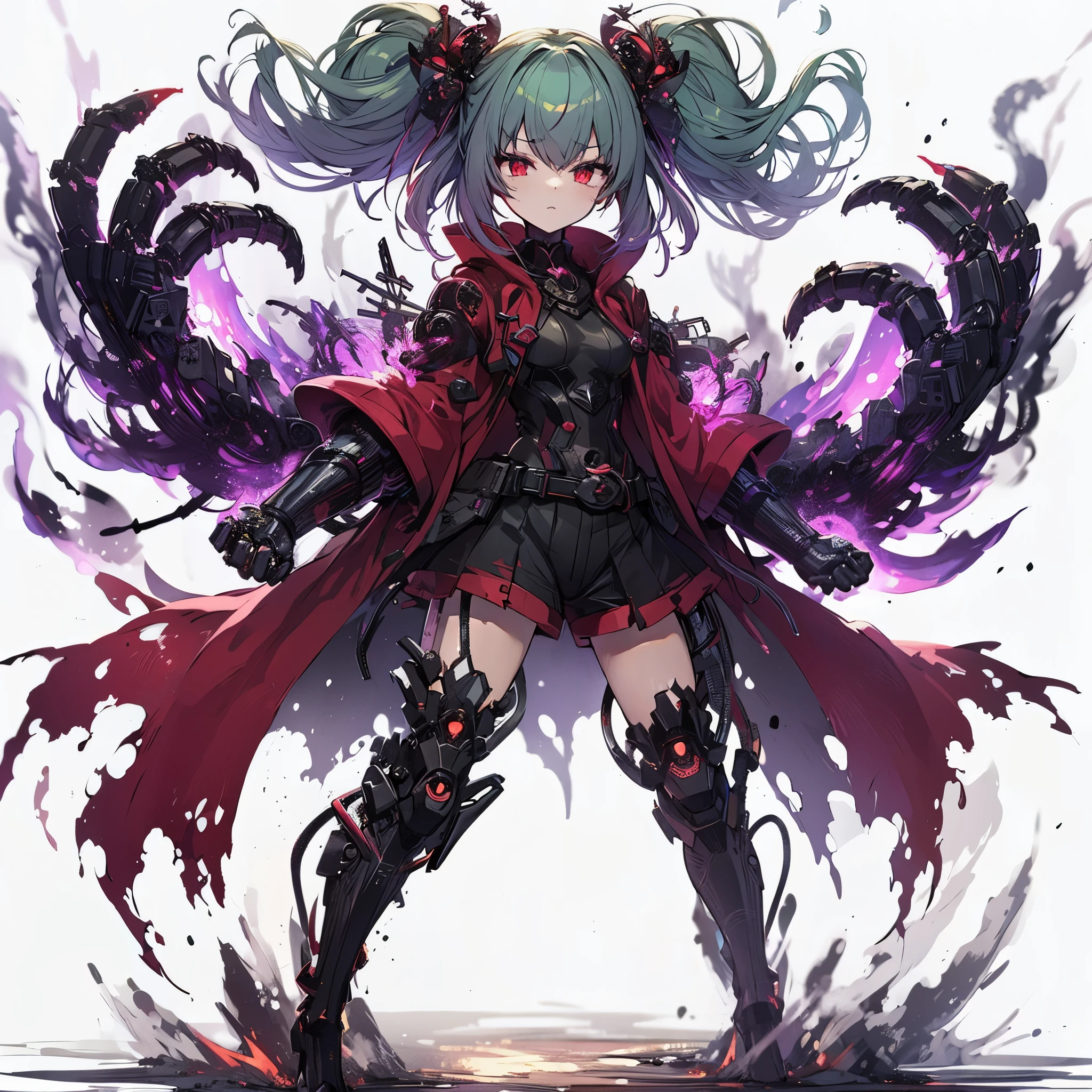 (masterpiece, Best Quality), (detailed hairs), Ultra-detailed, Anime style, Full body, solo, cyberpunk fighter girl, burned black mechanical limb, mechanized foot, ((fists of black-purple flame)), Sea green two topknot hairstyle with red eyes, wearing raged red cloak, shorts top and red skirt. 8k high resolution, white background, whole-body, digital painting, standing in burned earth.
