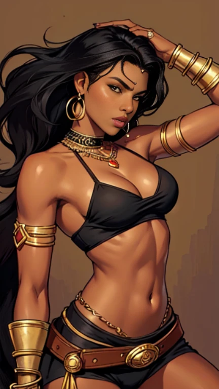 1woman 30year old, solo, long hair, looking at viewer, black hair, navel, cleavage, bare shoulders, brown eyes, jewelry, medium breasts, earrings, midriff, belt, dark skin, necklace, bracelet, dark-skinned female, lips, armlet, ((dynamic pose)), ((dynamic angle)),