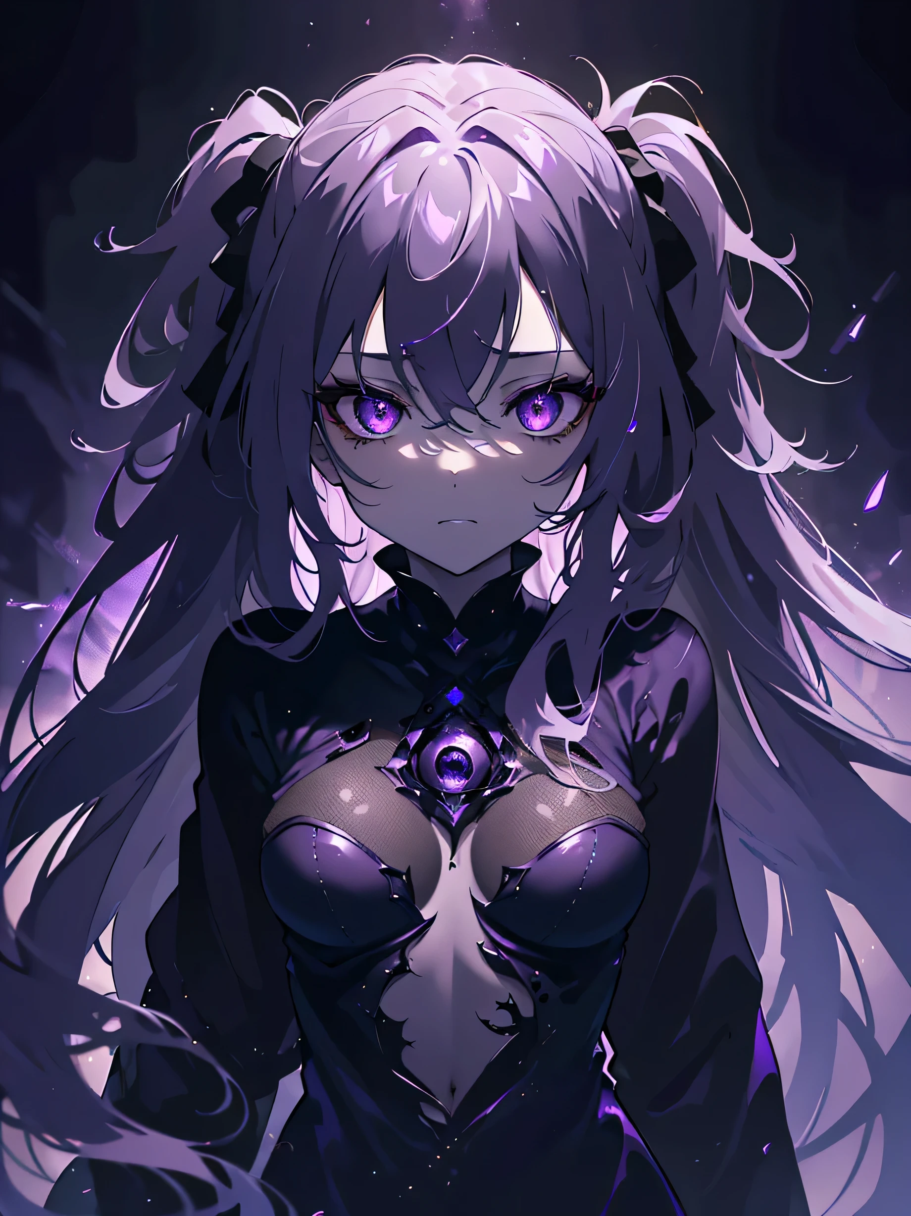 (best quality,4k,8k,highres,masterpiece:1.2), ultra-detailed, realistic:1.37, long and purple hair, glowing suspicious eyes, whole body in focus, ruin in the background, monochrome color scheme, in the dark, a girl with a dark purple glow and purple eyes looking directly at the camera, beautifully detailed face and features, wearing dark clothing, surrounded by a mysterious ambiance. close cloth