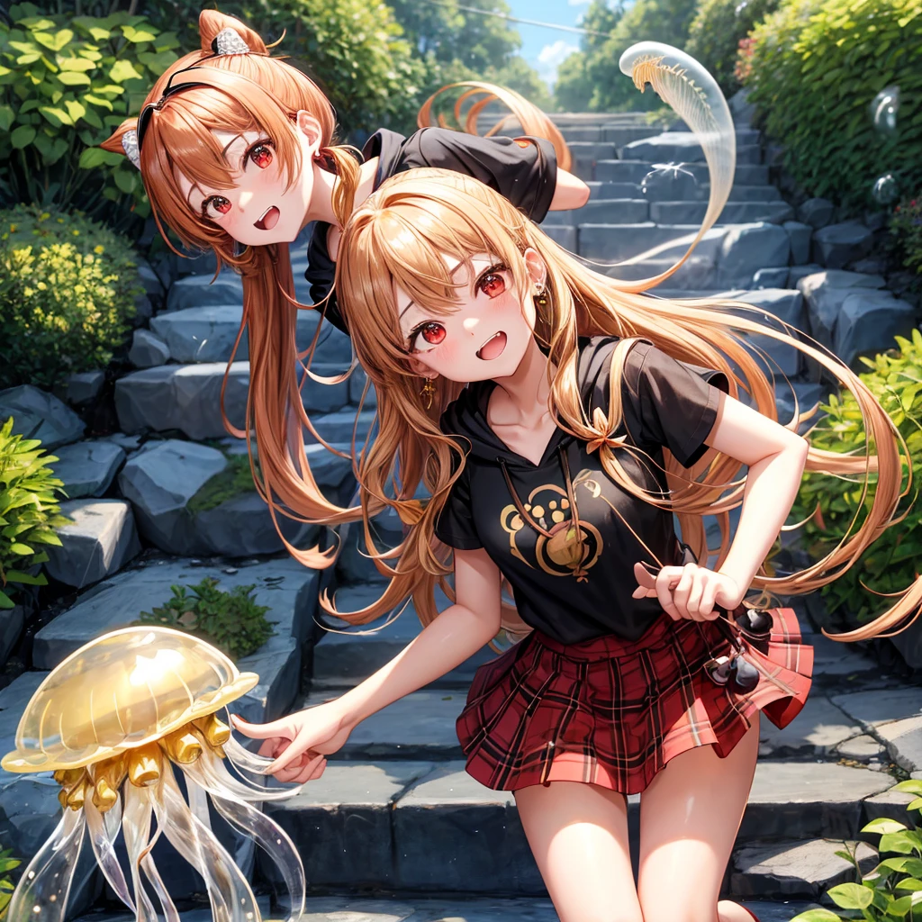 Brown, red, gold, golden hair、red eyes、one good looking girl、solo、anime、plaid mini skirt、black camisole、black t-shirt、hoodie、wearing a ribbon、ribbon at waist、Crystal Earrings、treasure石のネックレス、Light and shadow、Tilting face、teeth are visible、pillar、kind face、Kuroko、Diamond dust、grassland、Water running down the stairs、overflowing、Ants are walking、sulking、is increasing、treasure、Hope、wearing goggles on head、wearing headphones、jellyfish