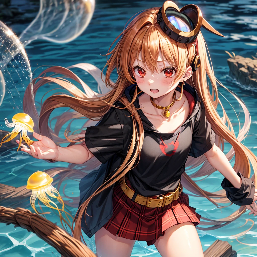 Brown, red, gold, golden hair、red eyes、one good looking girl、solo、anime、plaid mini skirt、black camisole、black t-shirt、hoodie、wearing a ribbon、ribbon at waist、Crystal Earrings、treasure石のネックレス、Light and shadow、Tilting face、teeth are visible、pillar、kind face、Kuroko、Diamond dust、grassland、Water running down the stairs、overflowing、Ants are walking、sulking、is increasing、treasure、Hope、wearing goggles on head、wearing headphones、jellyfish