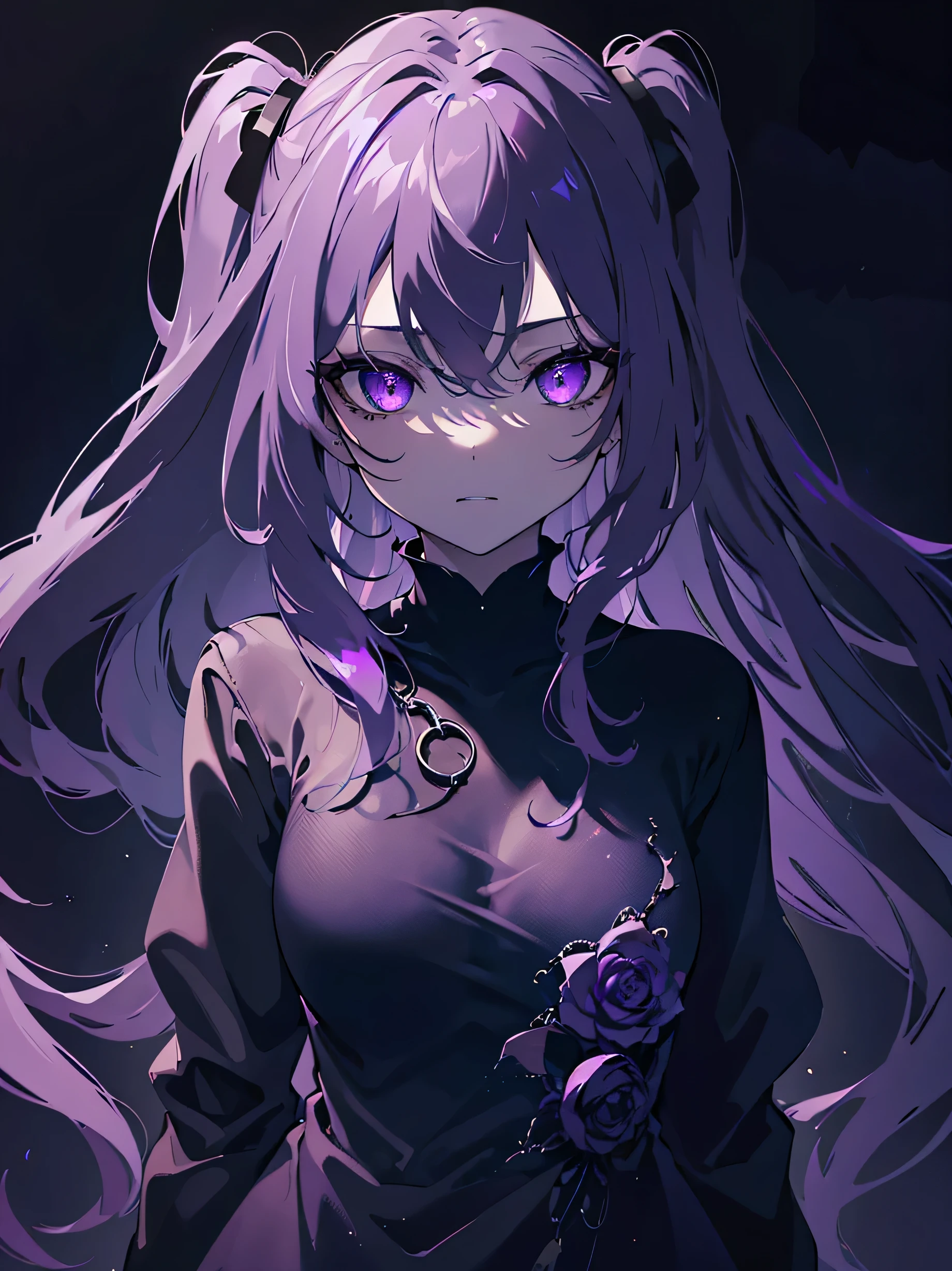 (best quality,4k,8k,highres,masterpiece:1.2), ultra-detailed, realistic:1.37, long and purple hair, glowing suspicious eyes, whole body in focus, ruin in the background, monochrome color scheme, in the dark, a girl with a dark purple glow and purple eyes looking directly at the camera, beautifully detailed face and features, wearing dark clothing, surrounded by a mysterious ambiance. close cloth