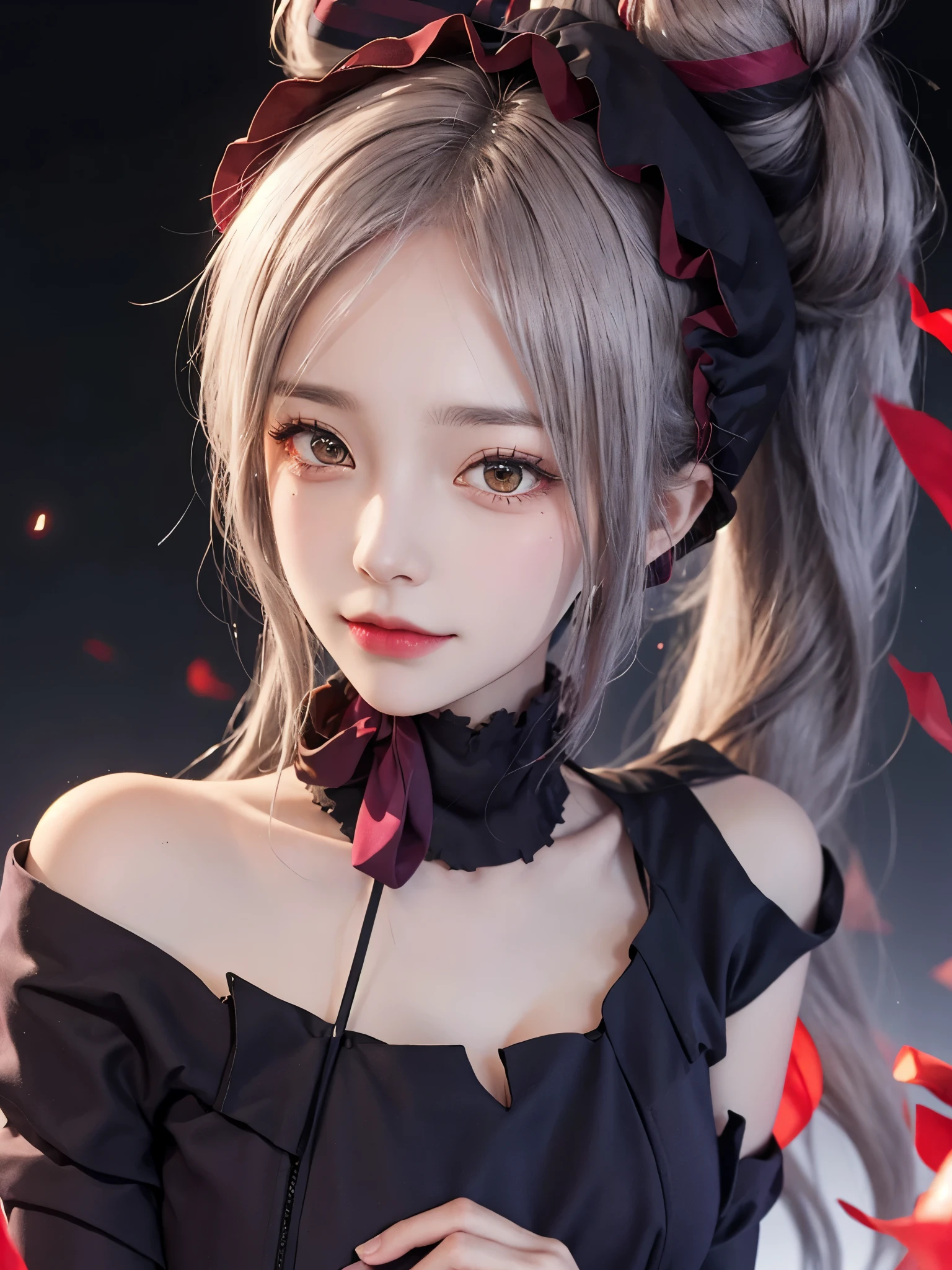 , best quality, Shalltear V4, 1 girl, alone, skirt, decorate, bow, hair bow, direction, faint smile, pale skin, luminescent, luminescent eyes, portrait