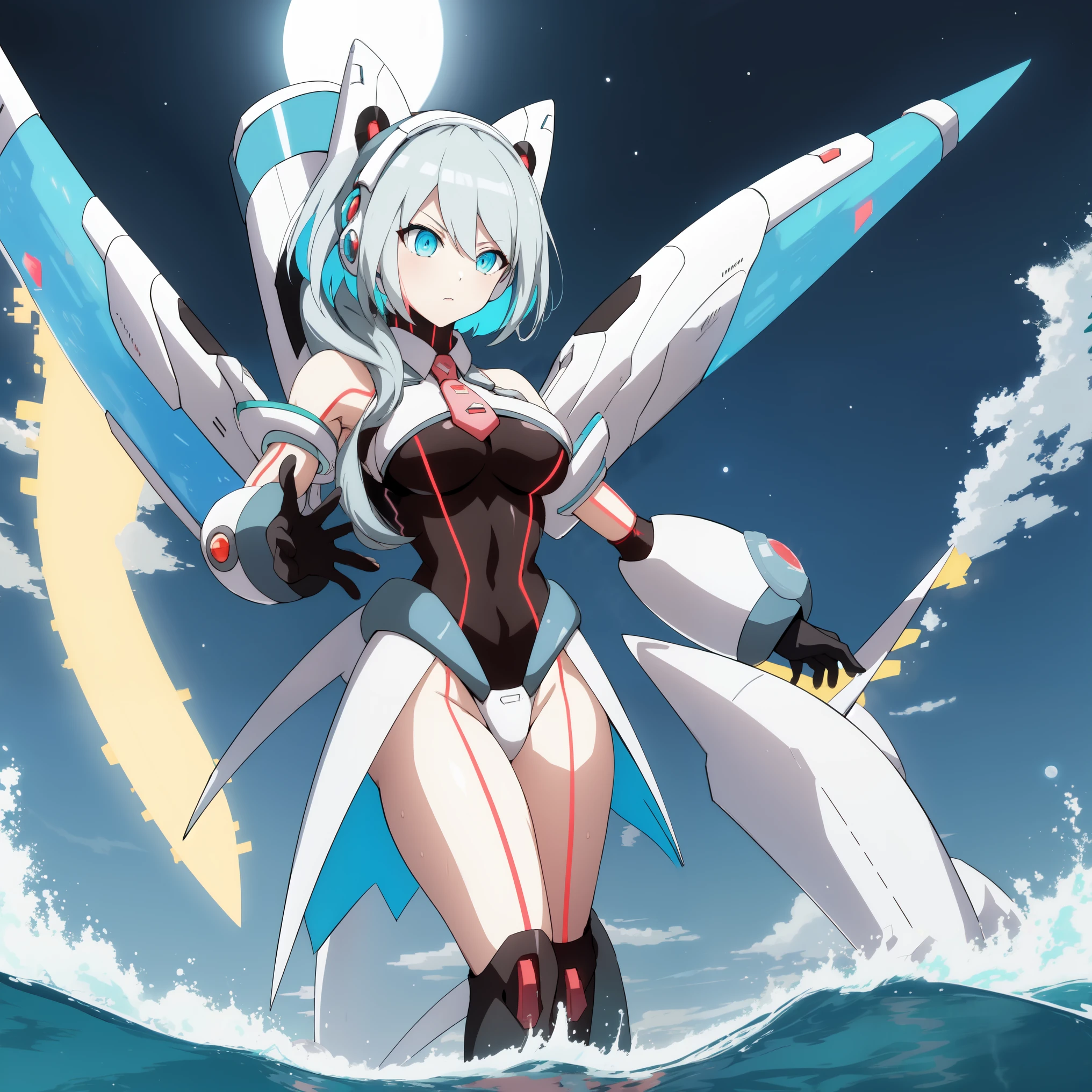 ico_megamanxdive, 1girl, blue eyes, solo, white hair, android, large breasts, black gloves, short hair, thighhighs, necktie, high quality, masterpiece, surrounded by water and a small moon, in the style of vivid energy explosions, anime art, dark palette, sharp and angular, dragon art, 8k, whirring contrivances