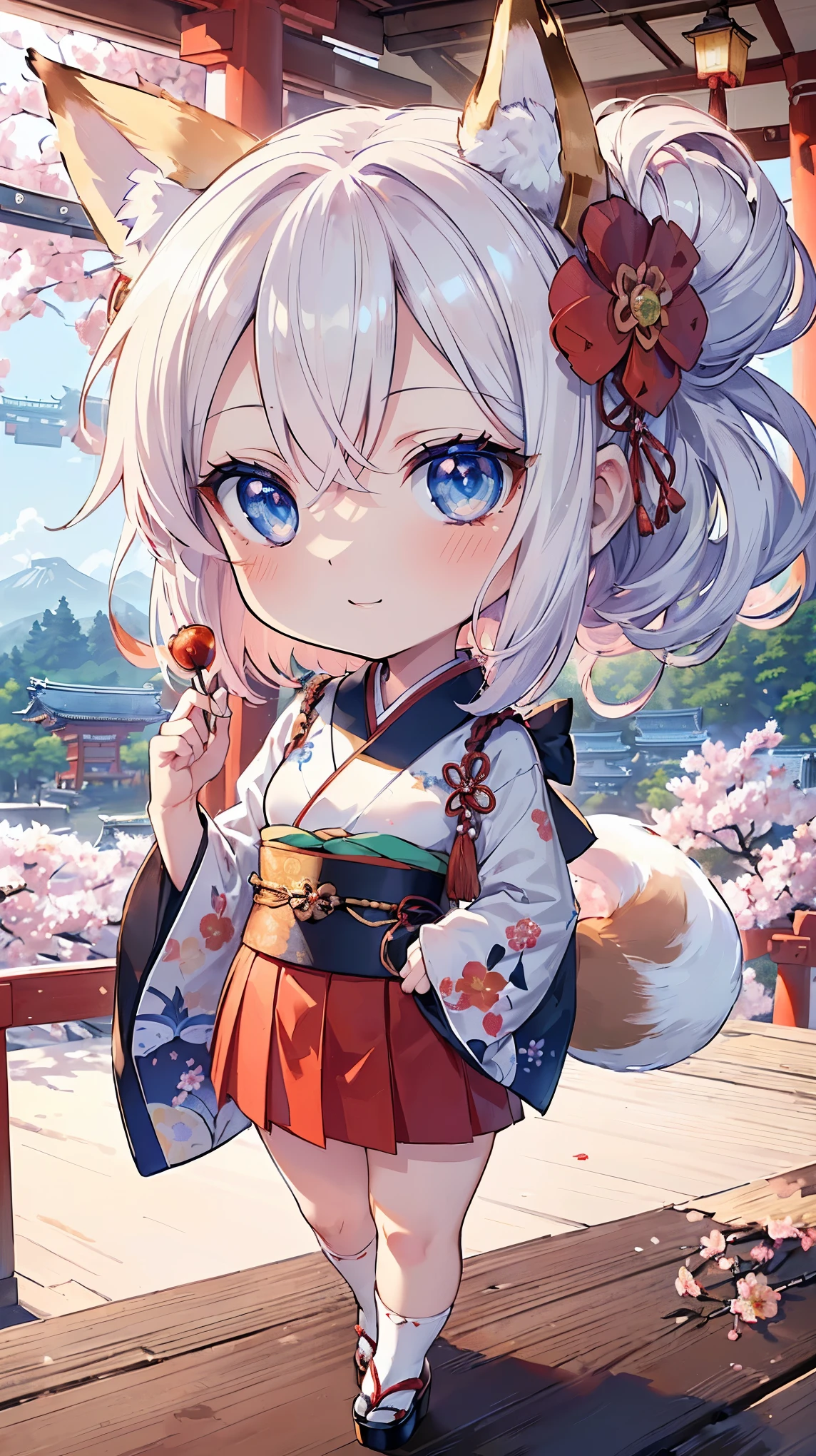 (((Masterpiece))), (((Highest quality))), ((Ultra-detailed)), ((Super fine illustration)), ((Ultra-fine painting)), (16K highest quality wallpaper:1.4), (Chibi:2.0), (Full body:1.6), HDR, (Highly detailed and delicate illustration style:1.8), Detailed skin texture, Detailed cloth texture, Extreme detailed description, (T-masterpiece), (Highly detailed face:1.2), (Highly detailed fox ears:1.2), (Highly detailed shiny golden brown half updo:1.2), (Highly detailed clear blue eyes:1.2), Original, RAW photo, Professional, Intricate details, Super details, Direct light:1.6, (Perfect anatomy:1.4), (Highly detailed hands:1.2), (Highly detailed fingers:1.2), (Highly detailed fingertips:1.2), (24-years-old), Real, (Solo:1.8), ((A very beautiful and attractive fox fashion model with blue eyes wearing a bright red furisode with a floral pattern:1.4)) BRAKE (Beautiful and adorable fox ears:1.6), (Highly detailed and delicate fox ears:1.4), (Beautiful and well-shaped big breasts:1.2), (Beautiful and well-shaped buttocks), (Beautiful and shiny golden brown half updo:1.4), (Highly detailed and delicate golden brown half updo:1.2), (Beautiful clear blue eyes that shine with great detail:1.6), (Highly detailed and delicate blue eyes:1.2), (Highly detailed face:1.4), (Smile:1.5), (Blush:1.4), (Looking at viewer:1.4), (Celebration:1.4) BRAKE (Bright red furisode with floral pattern:1.4), (Japanese traditional costume:1.2) BRAKE (Concept art:1.2), (Detailed fantasy art:1.2) BRAKE (Highly detailed and delicate Ise Grand Shrine in Mie Prefecture in the background just after noon in spring:1.6), (Celebration:1.4), Ise Grand Shrine:1.4, Torii gate of Ise Shrine:1.4, cherry blossoms:1.2, Very beautiful in the sunny sky background just after noon:1.4 BRAKE