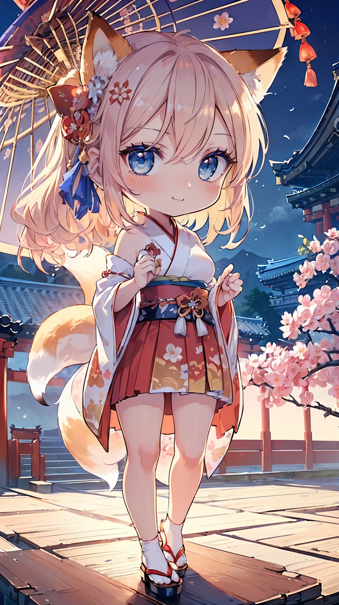 (((Masterpiece))), (((Highest quality))), ((Ultra-detailed)), ((Super fine illustration)), ((Ultra-fine painting)), (16K highest quality wallpaper:1.4), (Chibi:2.0), (Full body:1.6), HDR, (Highly detailed and delicate illustration style:1.8), Detailed skin texture, Detailed cloth texture, Extreme detailed description, (T-masterpiece), (Highly detailed face:1.2), (Highly detailed fox ears:1.2), (Highly detailed shiny golden brown half updo:1.2), (Highly detailed clear blue eyes:1.2), Original, RAW photo, Professional, Intricate details, Super details, Direct light:1.6, (Perfect anatomy:1.4), (Highly detailed hands:1.2), (Highly detailed fingers:1.2), (Highly detailed fingertips:1.2), (24-years-old), Real, (Solo:1.8), ((A very beautiful and attractive fox fashion model with blue eyes wearing a bright red furisode with a floral pattern:1.4)) BRAKE (Beautiful and adorable fox ears:1.6), (Highly detailed and delicate fox ears:1.4), (Beautiful and well-shaped big breasts:1.2), (Beautiful and well-shaped buttocks), (Beautiful and shiny golden brown half updo:1.4), (Highly detailed and delicate golden brown half updo:1.2), (Beautiful clear blue eyes that shine with great detail:1.6), (Highly detailed and delicate blue eyes:1.2), (Highly detailed face:1.4), (Smile:1.5), (Blush:1.4), (Looking at viewer:1.4), (Celebration:1.4) BRAKE (Bright red furisode with floral pattern:1.4), (Japanese traditional costume:1.2) BRAKE (Concept art:1.2), (Detailed fantasy art:1.2) BRAKE (Highly detailed and delicate Ise Grand Shrine in Mie Prefecture in the background just after noon in spring:1.6), (Celebration:1.4), Ise Grand Shrine:1.4, Torii gate of Ise Shrine:1.4, cherry blossoms:1.2, Very beautiful in the sunny sky background just after noon:1.4 BRAKE