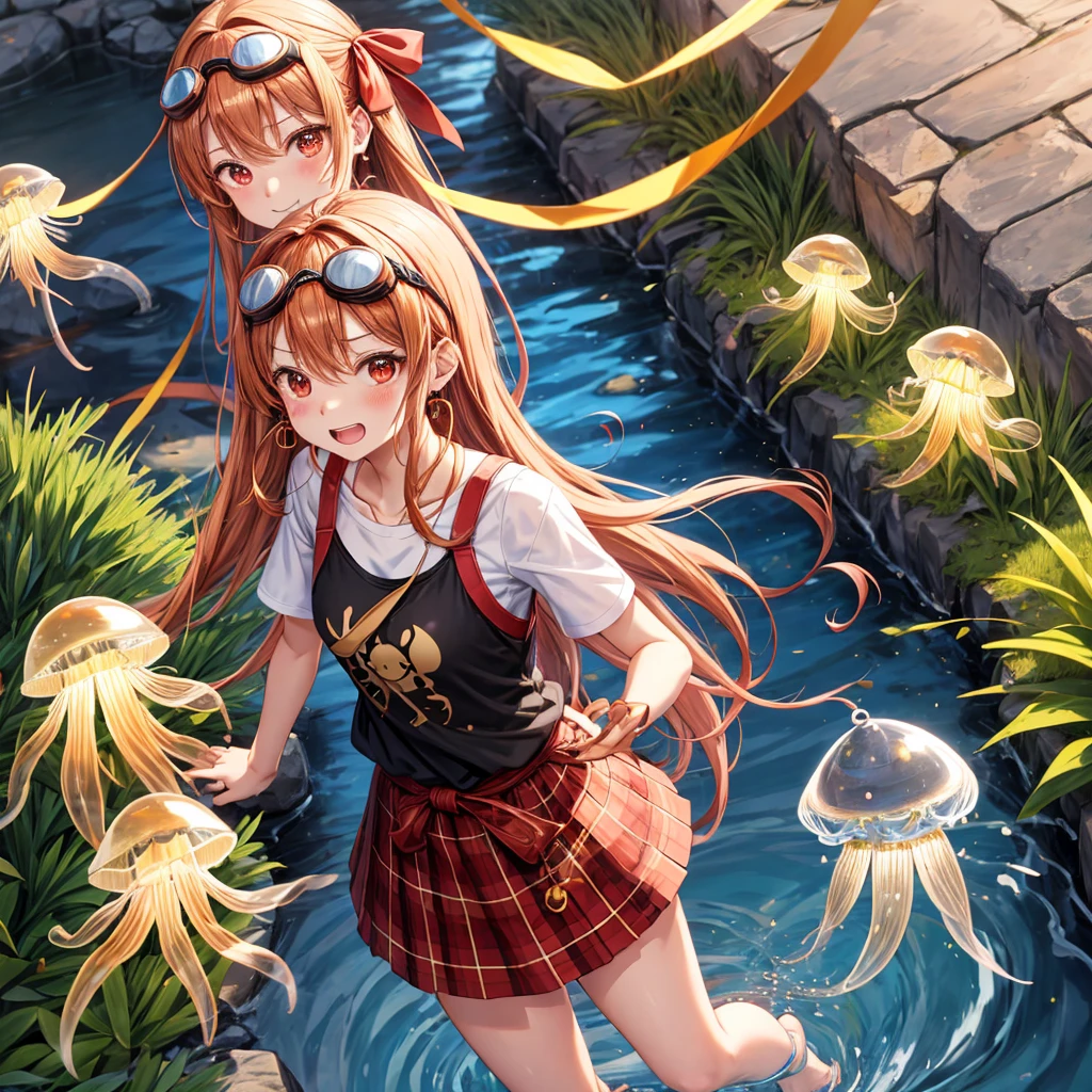 Brown, red, gold, golden hair、red eyes、one good looking girl、solo、anime、plaid mini skirt、black camisole、black t-shirt、hoodie、wearing a ribbon、ribbon at waist、Crystal Earrings、treasure石のネックレス、Light and shadow、Tilting face、teeth are visible、pillar、kind face、Kuroko、Diamond dust、grassland、Water running down the stairs、overflowing、Ants are walking、sulking、is increasing、treasure、Hope、wearing goggles on head、wearing headphones、jellyfish