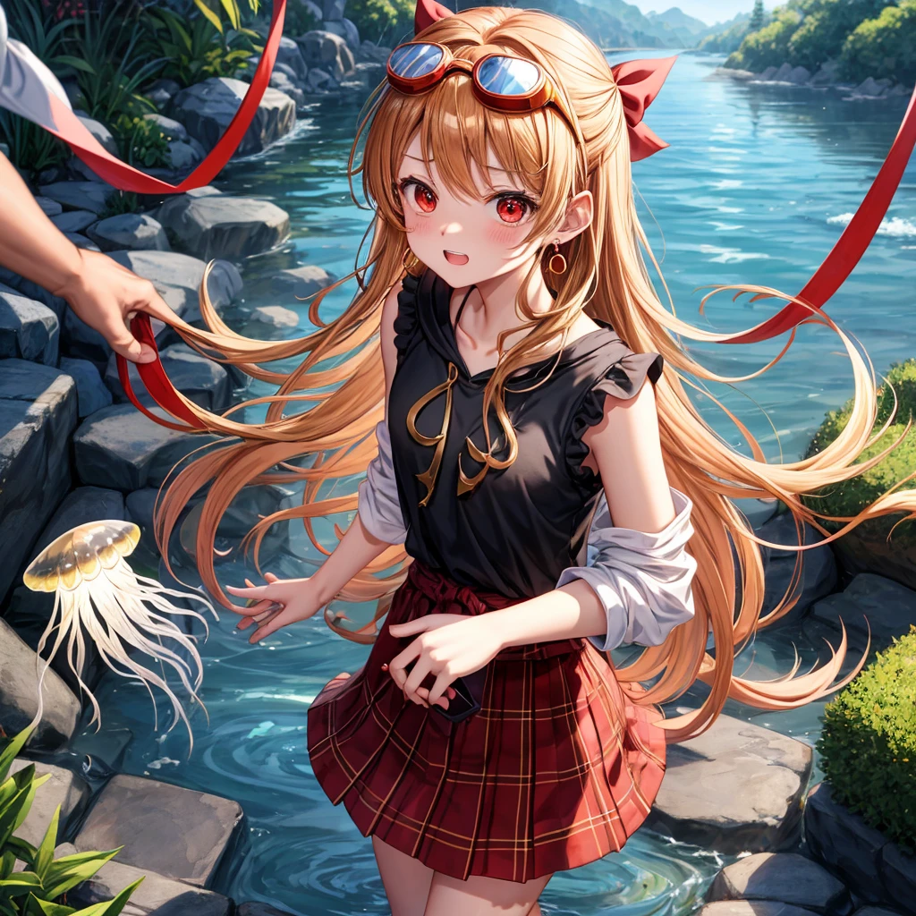 Brown, red, gold, golden hair、red eyes、one good looking girl、solo、anime、plaid mini skirt、black camisole、black t-shirt、hoodie、wearing a ribbon、ribbon at waist、Crystal Earrings、treasure石のネックレス、Light and shadow、Tilting face、teeth are visible、pillar、kind face、Kuroko、Diamond dust、grassland、Water running down the stairs、overflowing、Ants are walking、sulking、is increasing、treasure、Hope、wearing goggles on head、wearing headphones、jellyfish