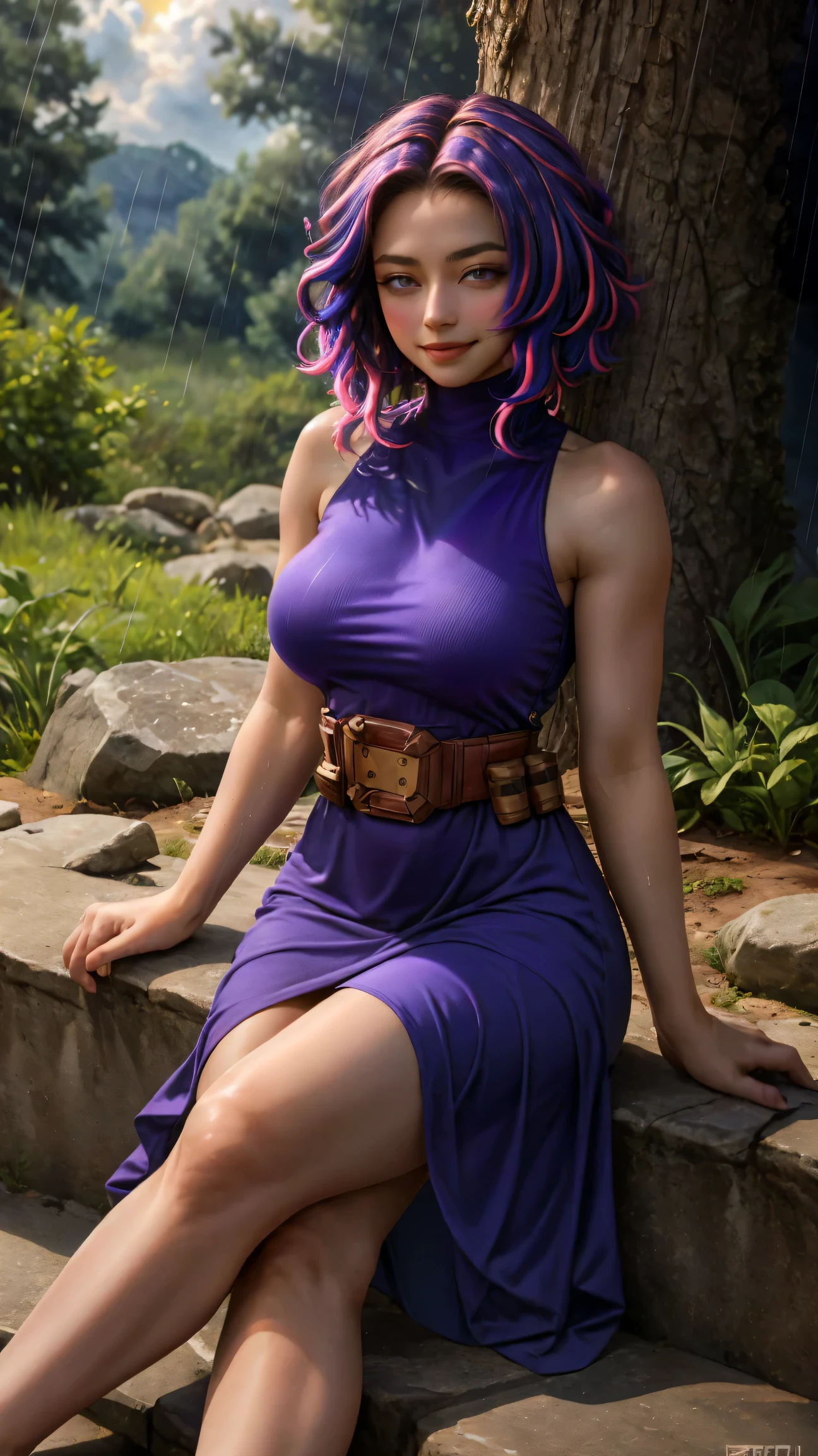 Nagant, solo, purple hair, purple eyes, 1girl, multicolored hair, breasts, looking at viewer, short hair, large breasts, sleeveless, streaked hair, closed mouth, pink hair, medium hair, bare shoulders, smile, two-tone hair, dress, turtleneck, belt, blush, collarbone, thighs, sleeveless dress, purple dress, cowboy shot,  birght pupils, white pupils, bangs, sweat, curvy, wide hips, hourglass body, pouch, outdoors, sun, blue sky, clouds, forest, rain, sitting sitting in, girl sitting, 