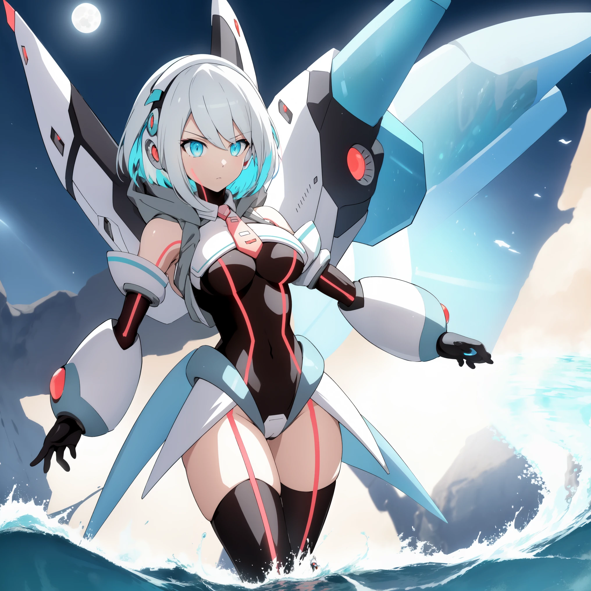 ico_megamanxdive, 1girl, blue eyes, solo, white hair, android, large breasts, black gloves, short hair, thighhighs, necktie, high quality, masterpiece, surrounded by water and a small moon, in the style of vivid energy explosions, anime art, dark palette, sharp and angular, dragon art, 8k, whirring contrivances