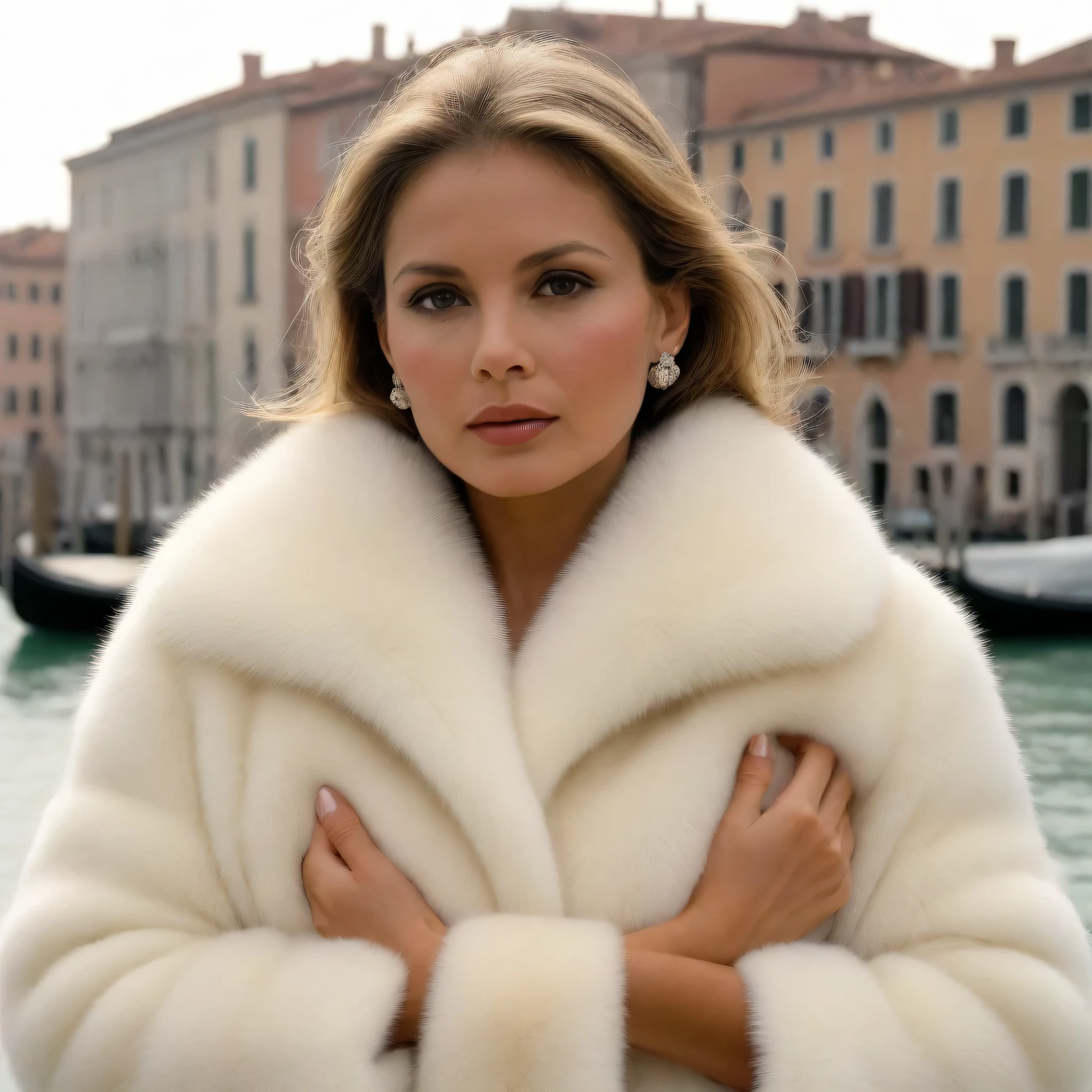 A very short white mink fur coat with a huge, very thick fur collar , three layers , fifty centimeters thick, sur jeune Ornella Muti , she is completely naked and clutches her mink fur coat in her hands around her neck , sous le soleil , Venise, she is serious and worried , elle regarde la camera