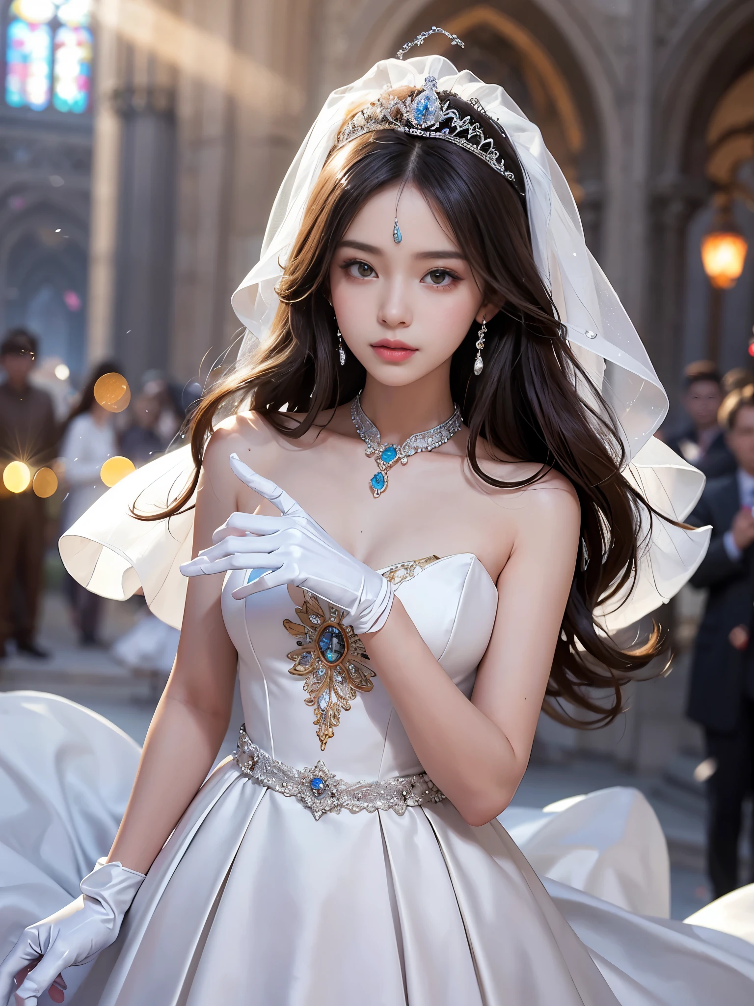 (masterpiece, best quality:1.5), highest quality, High resolution, super detailed, Realists, Upper body photo of a brunette young magical girl, detailed and beautiful eyes, beautiful detailed lips, very detailed eyes and face, longeyelashes, white satin wedding dress, Holding a magic wand in your hand, Cast a transformation spell, With her magic wand she turns stones into wine glasses, Glowing wands available,Beautiful and colorful makeup, elegant and noble々The jewelry bag, Gardens as background, soft daylight, bright colors, fine brushstrokes, Portrait style, Silk dress fabric, beautiful color palette, glowing skin, First-class rendering, that captures every detail, enchanting atmosphere, subtle shadows and lights, (perfect anatomy:1.2), (Stunning magical girl in wedding dress turns stones into wine glasses. (a transformation with the magic wand:1.4), (magnificent panorama view:1.2)