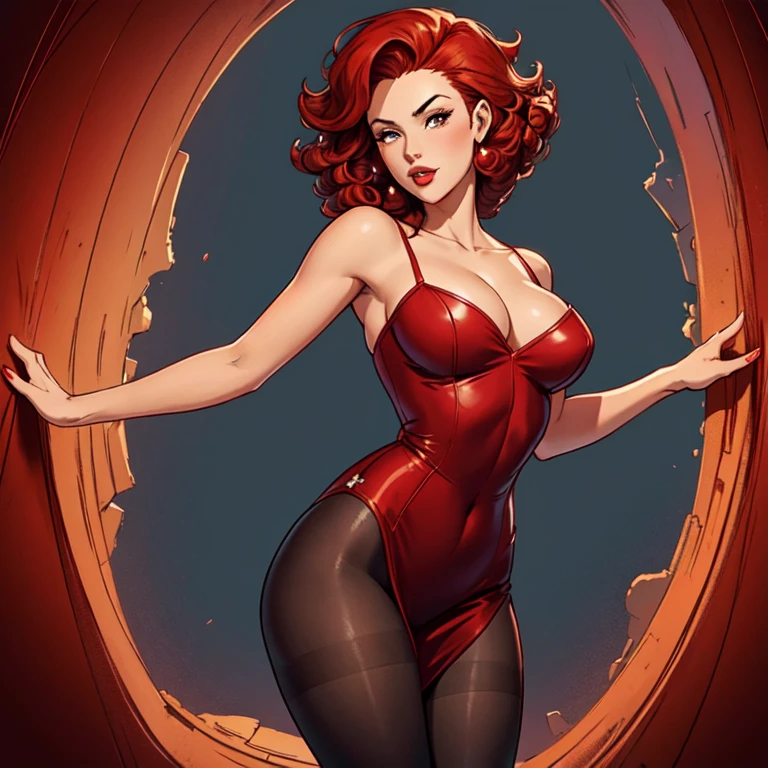 Woman,pin-up,stand, red curly hair, slit dress, pantyhose,(((dynamic angle)))