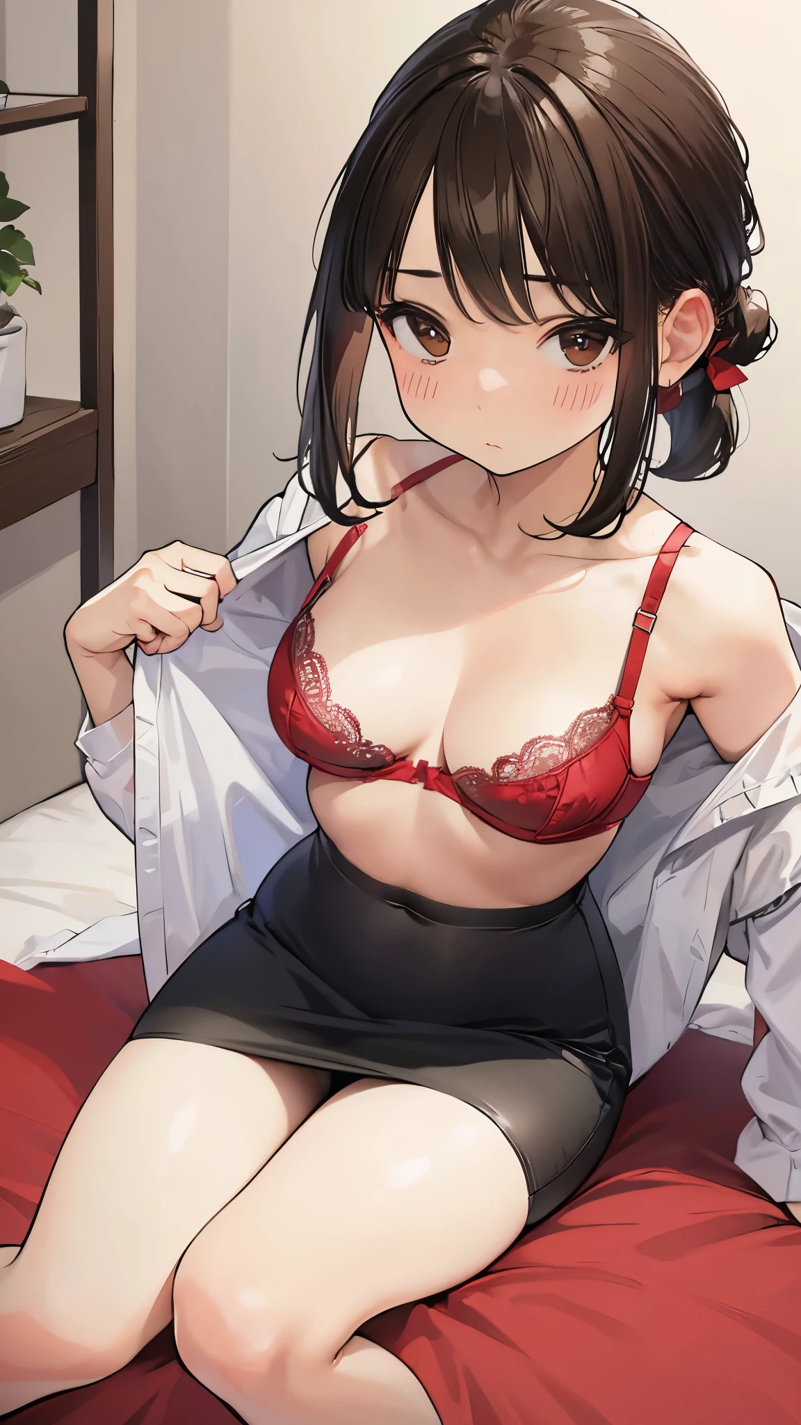 (masterpiece、highest quality、Super detailed)、1 girl、brown hair、short ponytail、parted bangs、brown eyes、blush、tearoderate chest))、((red bra))、((black pencil skirt))、((red panties))、wariza、on the bed、bedroom background