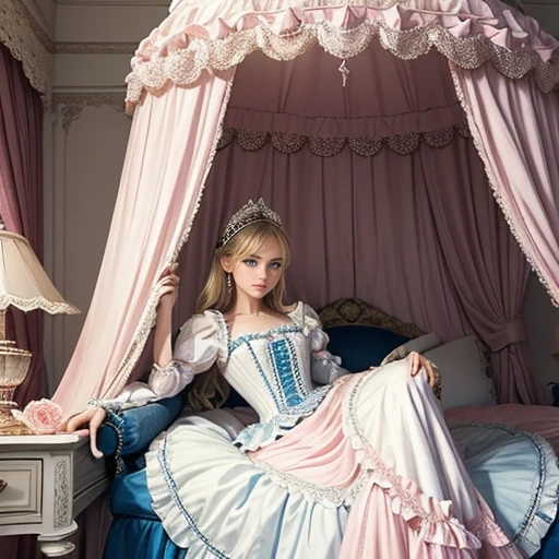 photo shoot,highest quality, masterpiece, highest resolution, artwork, (pretty girl),(),((white skin)),((blonde)),((blue eyes)),the girl is a princess, ((Victorian ball gown princess dress with lavish pink ruffles and bows and a voluminous full-length hoop skirt)),long sleeve,long dress,A dress with lots of frills and ribbons.,luxury, ((palace bedroom)), ((Huge luxury victorian canopy princess’s bed)), lots of frilly pillows,ruffle bed skirt,High quality beautiful girl,High quality dress,High Quality Princess Bed,Lift up your skirt,((A world without underwear)),((Lower body is naked)),Showing Pussy,Realistic pussy,Spread your legs wide,from below,nffsw,