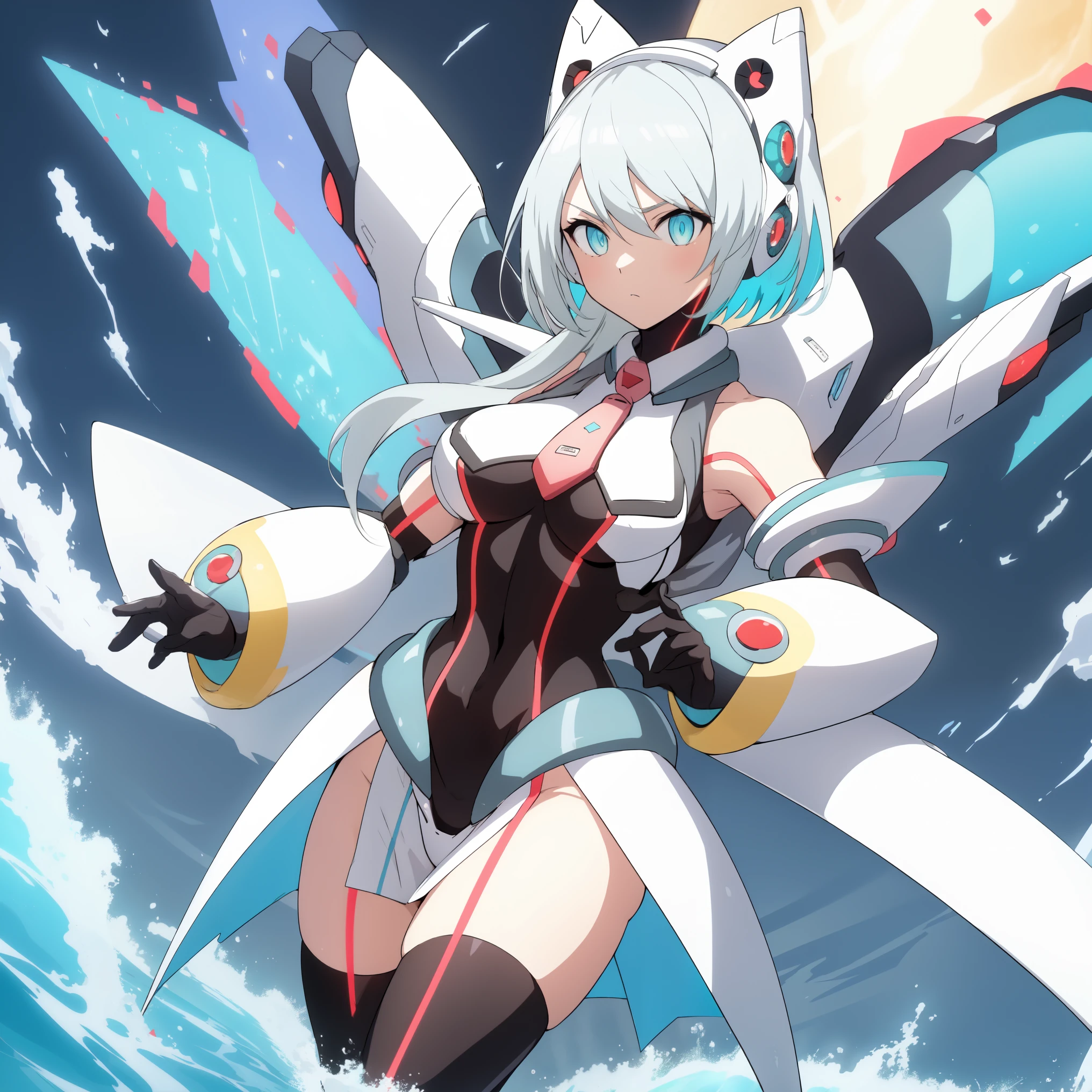 ico_megamanxdive, 1girl, blue eyes, solo, white hair, android, large breasts, black gloves, short hair, thighhighs, necktie, high quality, masterpiece, surrounded by water and a small moon, in the style of vivid energy explosions, anime art, dark palette, sharp and angular, dragon art, 8k, whirring contrivances