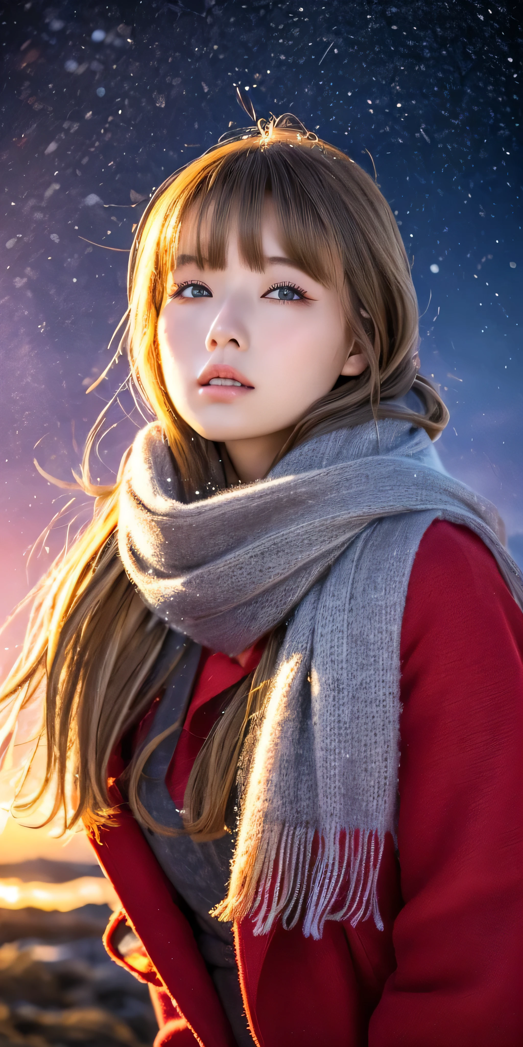((hair blowing in the wind、no makeup:1.2))、(realistic、Photoreal、Super detailed、best detailed skins、highest quality、masterpiece、超A high resolution)、cute russian woman、14 years、high school girl、young girl、1 girl、have bangs、ash blonde:1.7、double eyelid、drooling eyes、Japanese style face、purity、realistic skin type、thick muffler、Gray muffler、fluffy hair、((There'hair in scarf:1.3))、red cheeks、The wind is blowing、that'It's snowing、night、illumination、Lighting from behind、hair blowing in the wind、((Antarctica、A meteor shower、A world view of the aurora))