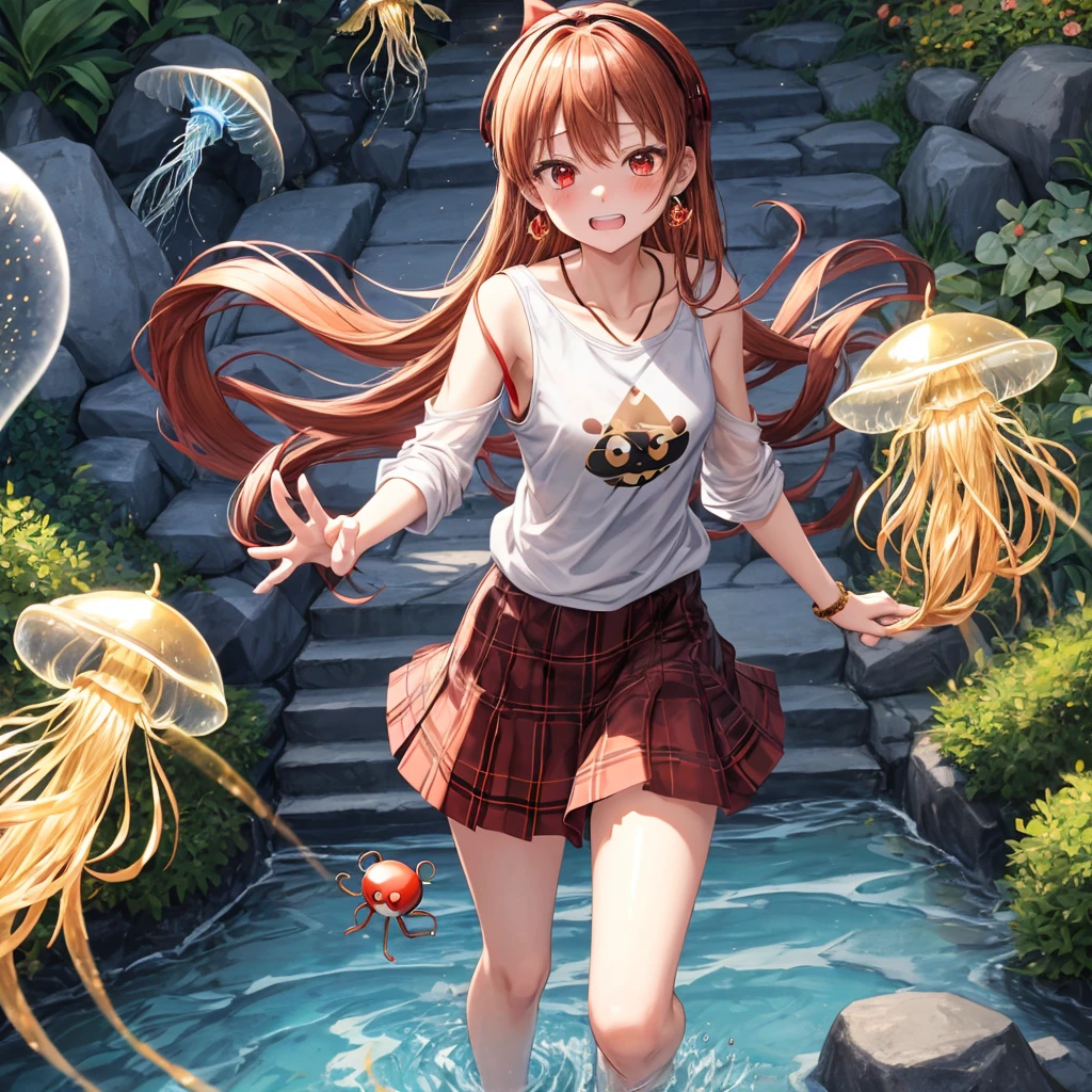 Brown, red, gold, golden hair、red eyes、one good looking girl、solo、anime、plaid mini skirt、black camisole、black t-shirt、hoodie、wearing a ribbon、ribbon at waist、Crystal Earrings、treasure石のネックレス、Light and shadow、Tilting face、teeth are visible、pillar、kind face、Kuroko、Diamond dust、grassland、Water running down the stairs、overflowing、Ants are walking、sulking、is increasing、treasure、Hope、wearing goggles on head、wearing headphones、jellyfish