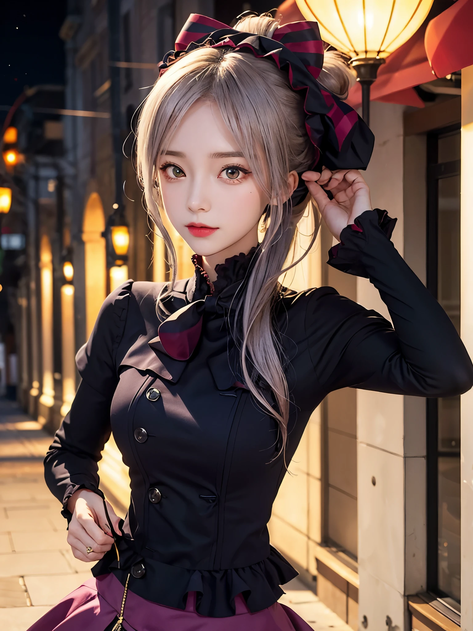 , best quality, Shalltear V4, 1 girl, alone, skirt, decorate, bow, hair bow, direction, pale skin, luminescent, luminescent eyes, portrait