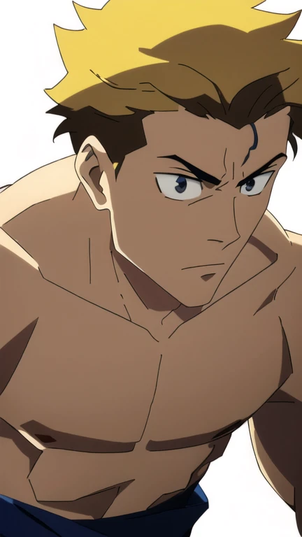 (Illustration, high resolution, best quality: 1.5, masterpiece, minimalist, whitebackground: 2, simplistic detail, anime), solo: 2, fit male, adult male, upper body, half body portrait, shirtless, boxer, boxing gloves, vox machina style, itadori yuji, blond, susanoo