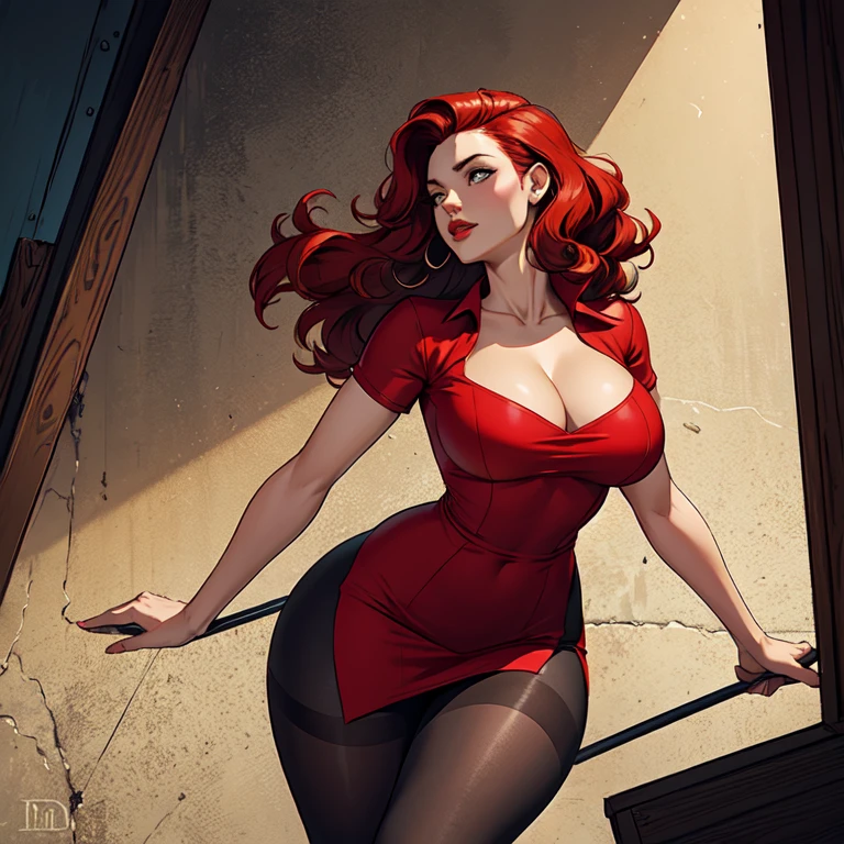 Woman,solo,pin-up,stand, red curly hair, slit dress, pantyhose,(((dynamic angle)))