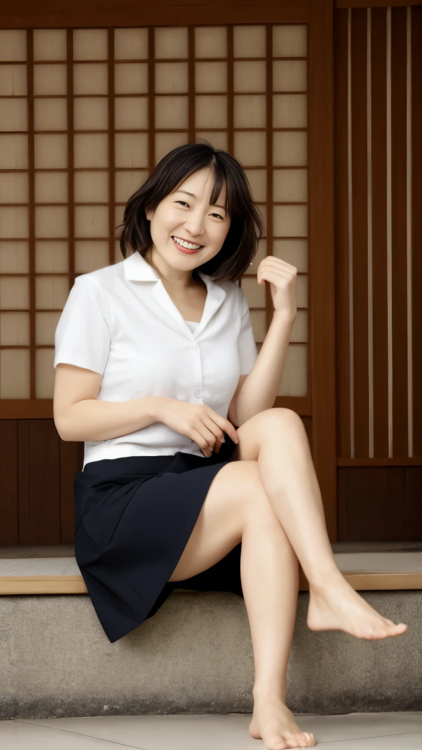 portrait、8K、high quality、realistic photo images、50 years old、japanese woman、wrinkles around the eyes、young proprietress of an inn、Reproduces natural and realistic eyes、Japanese Stand、、美しいblack hair、short hair、short hair、light makeup、octane rendering、beautiful lighting、composition of golden ratio、gentle smile、laughter、short sleeveの服、bright colors、casual clothes、short sleeveの旅館の従業員の服装、short sleeve、mini skirtの服装、mini skirt、thighs、barefoot、barefoot、very short skirt、On the cushion at the hot spring inn、Inside the inn、Welcome customers、welcome、、4k、High level image quality、realistic photo images、japanese woman、45 years old、Pure Japanese humanity、beautiful wife、Upper body、beautiful bust、chestの腫れ、chest、、chestを開いてブラジャーを見せてください、light makeup、、neat beauty、mature woman、refreshing smile、open your mouth、black hair、black eye、spread one'Wide legs、show panties、lift up the skirt、I can see your pants、sitting、M-shaped spread legs、Pants fully visible、squat、Take off your panties