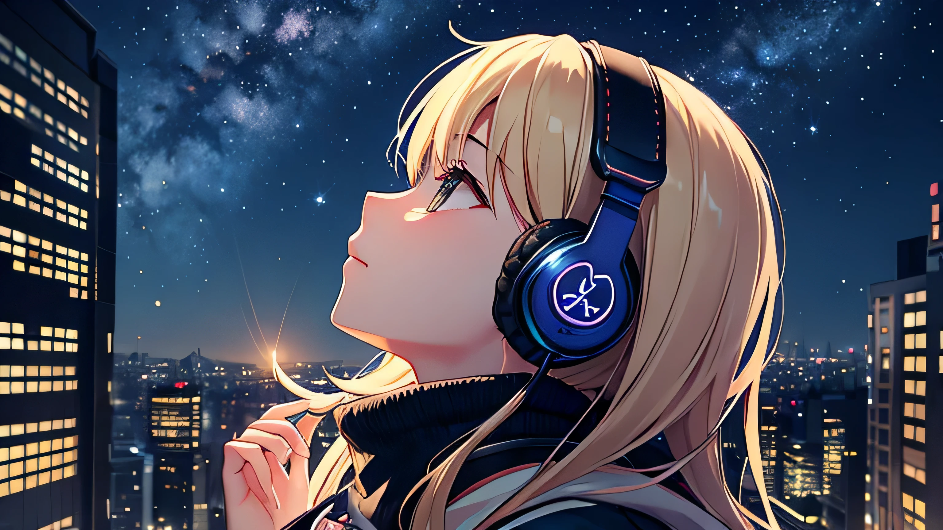 Beautiful girl with headphones looking up at the night sky night view building profile