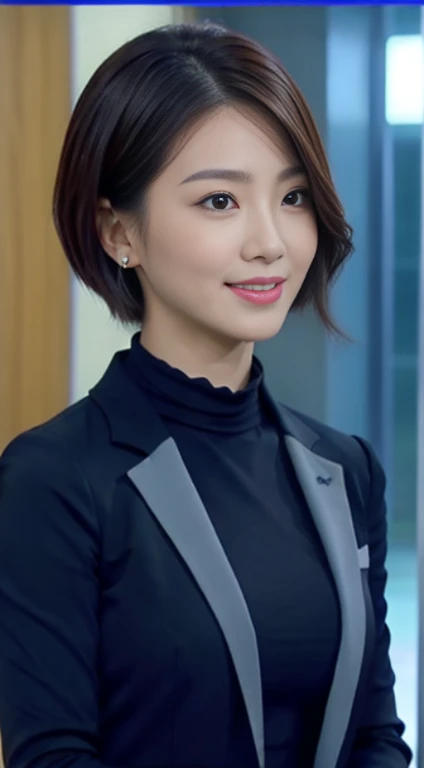 highest image quality、ultra high resolution、1 girl in、beautiful face、short hair、Announcer wearing tight long-sleeved suit、Standing and reporting