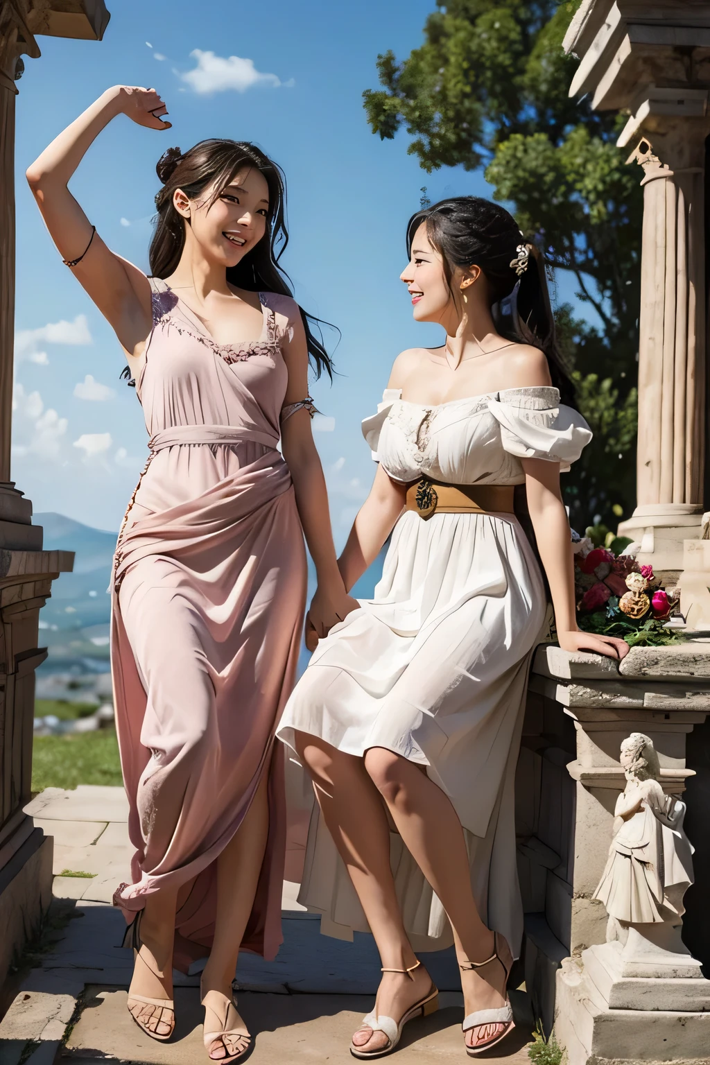 full body portrait or statue、Giorgione painting style,Arguments of two female Philosophe,math、astronomical machine、astronaut、roses in vase、fruits、Cute trinkets、smile、ancient greek costume、Ancient Roman landscape in the style of Nicolas Poussin,laughter,,Sweet and seductive appearance.、Caravaggio's paintings、Chiaroscuro of Caravaggio、hair tousled by the wind,Two women frolicking,cute smile, expression of ecstasy,Sexy,erotic