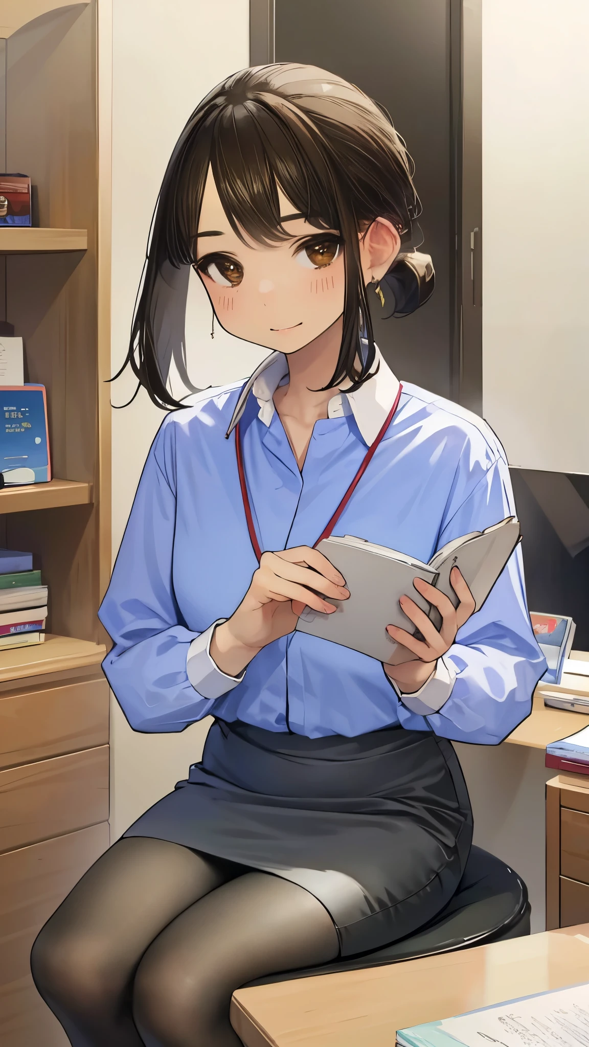 (masterpiece、highest quality、Super detailed)、1 girl、brown hair、short ponytail、parted bangs、brown eyes、smile、((Moderate chest))、((Blue collared shirt))、long sleeve、((black pencil skirt))、((brown pantyhose))、cowboy shot、office
