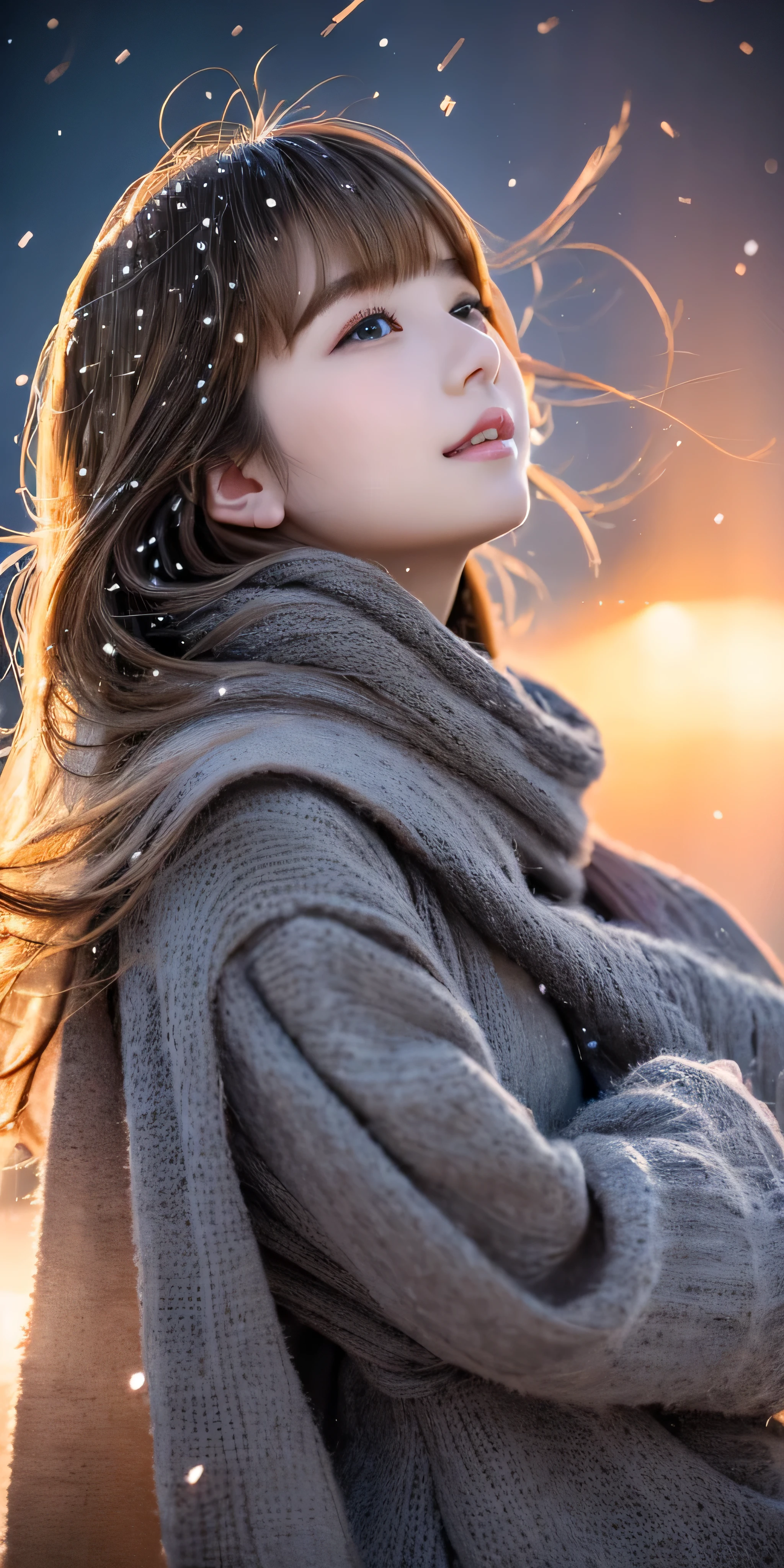 ((hair blowing in the wind、no makeup:1.2))、(realistic、Photoreal、Super detailed、best detailed skins、highest quality、masterpiece、超A high resolution)、cute russian woman、、high school girl、young girl、1 girl、have bangs、ash blonde:1.7、double eyelid、drooling eyes、Japanese style face、purity、realistic skin type、thick muffler、Gray muffler、fluffy hair、((There'hair in scarf:1.3))、red cheeks、The wind is blowing、that'It's snowing、night、illumination、Lighting from behind、hair blowing in the wind、((Antarctica、A meteor shower、A world view of the aurora))