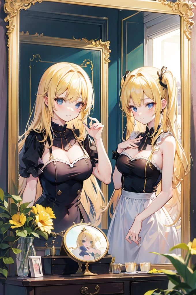 Anime-style image of a beautiful blonde girl reflected in a mirror with a laughing devil reflected behind her