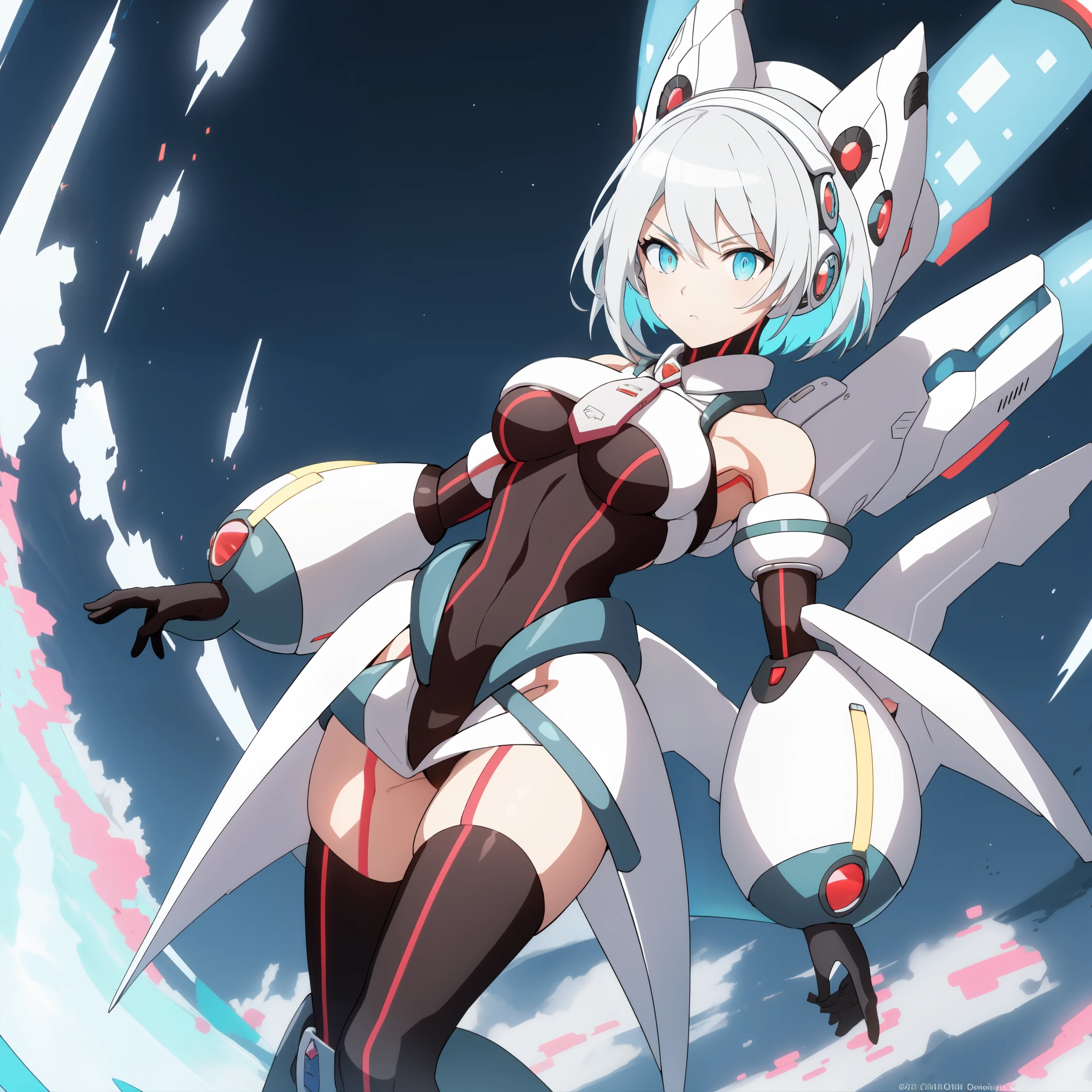 ico_megamanxdive, 1girl, blue eyes, solo, white hair, android, large breasts, black gloves, short hair, thighhighs, necktie, high quality, masterpiece, surrounded by water and a small moon, in the style of vivid energy explosions, anime art, dark palette, sharp and angular, dragon art, 8k, whirring contrivances