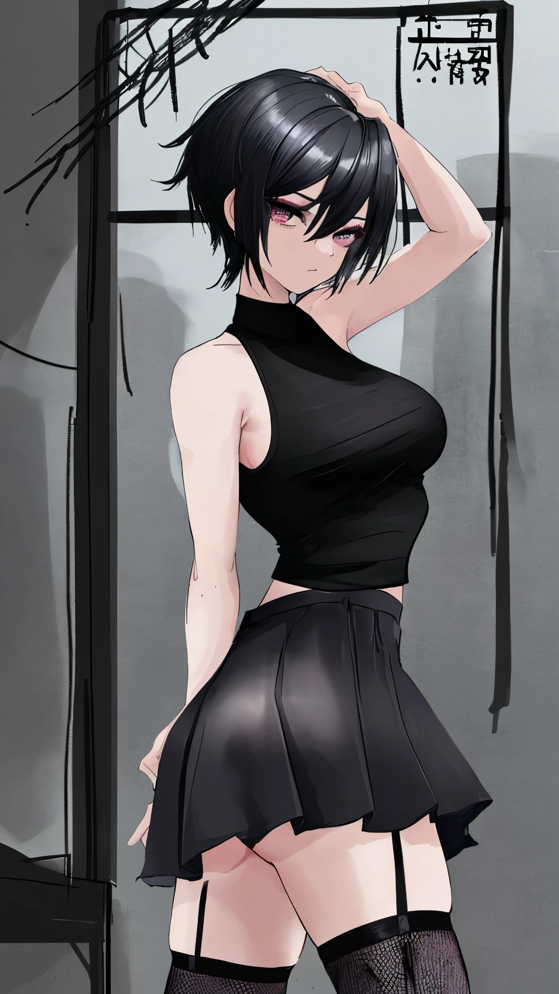 
 (masterpiece), super quality, expressive eyes,asian mild adult, black pixie cut hair,black skirt, black tank top , Fishnet stockings,big ass,standing looking at viewer , viewing from front